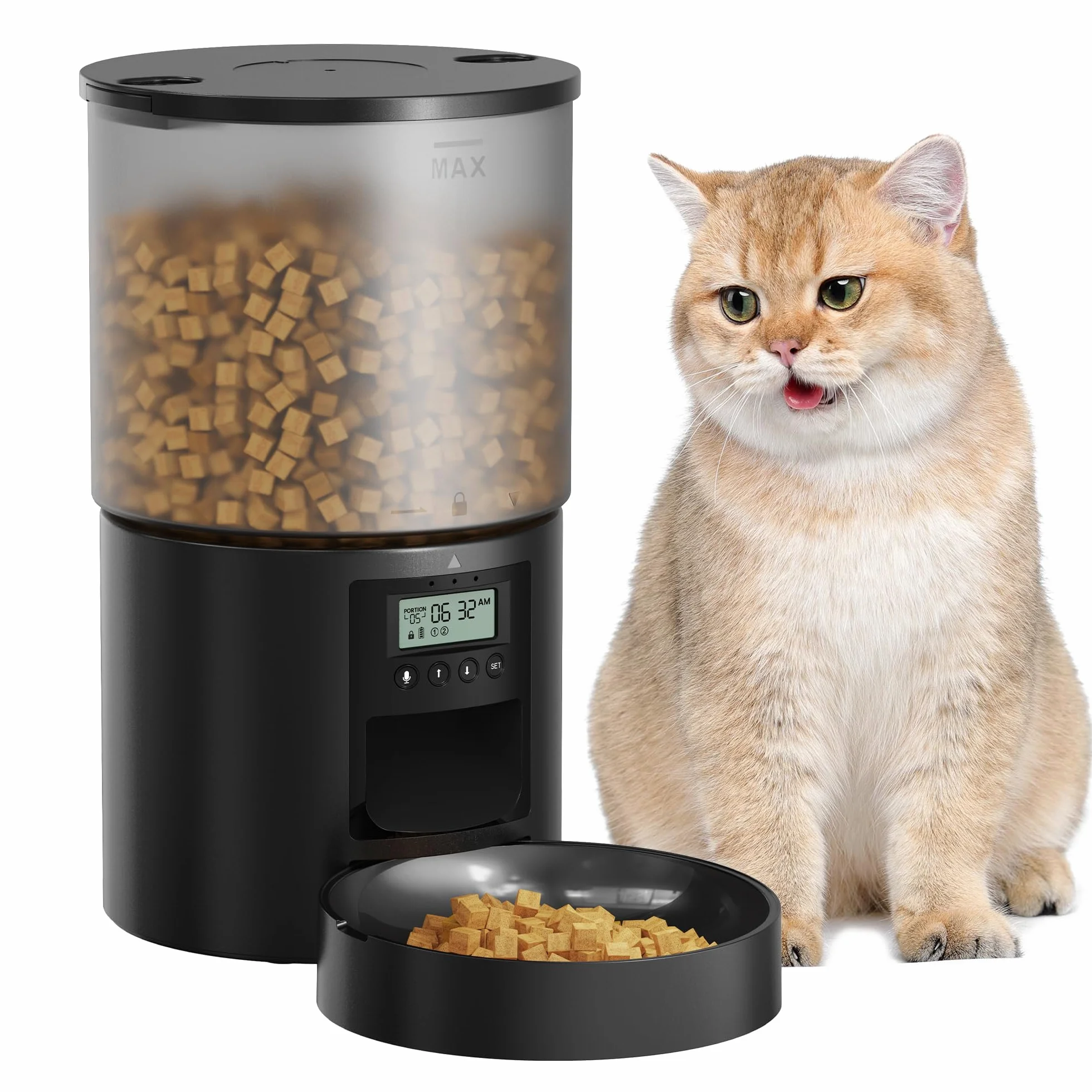 Comedero Gato Automatico Dispensador Comida: Pet Food Feeder con Temporizador Programable - 1-6 Comidas al DíA - Comedero con Presione la Tapa y Función de Grabación 10s - 4L Negro