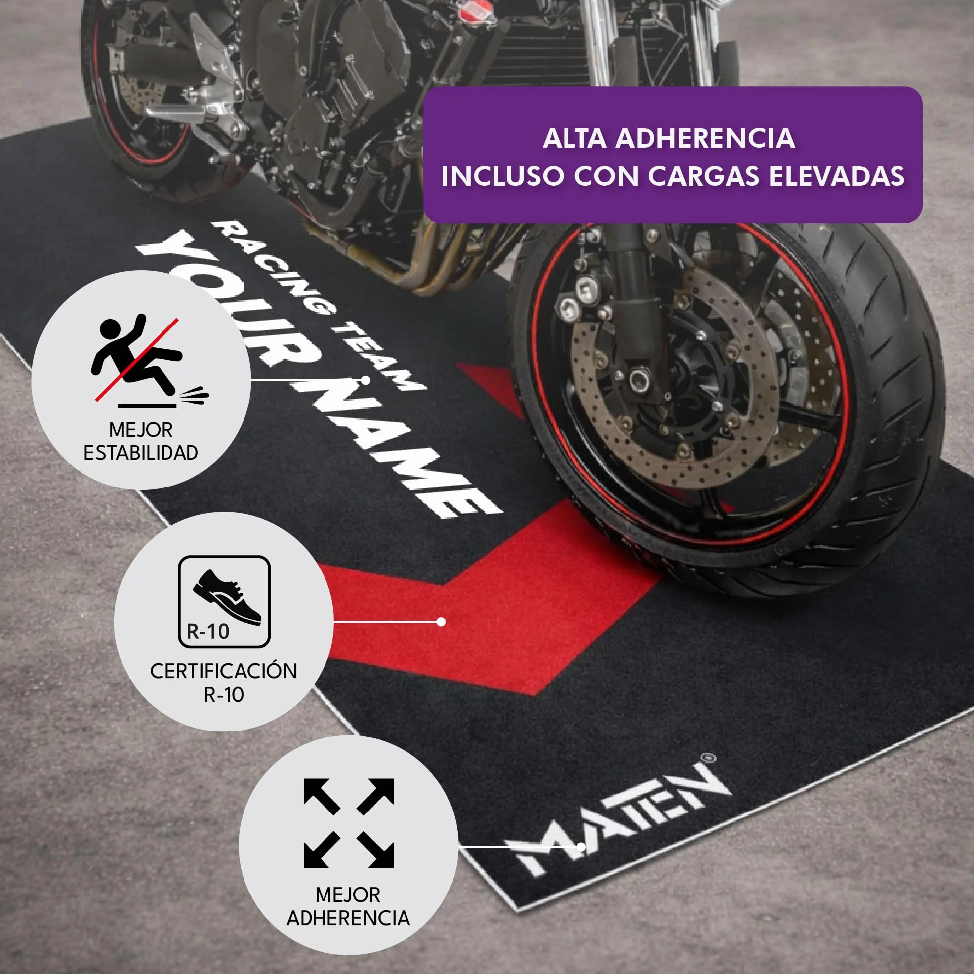 Alfombrilla de Garaje para Moto Personalizable MATEN PVC Impreso, Base de Gel Antideslizante, 3 mm, Fabricada en Italia