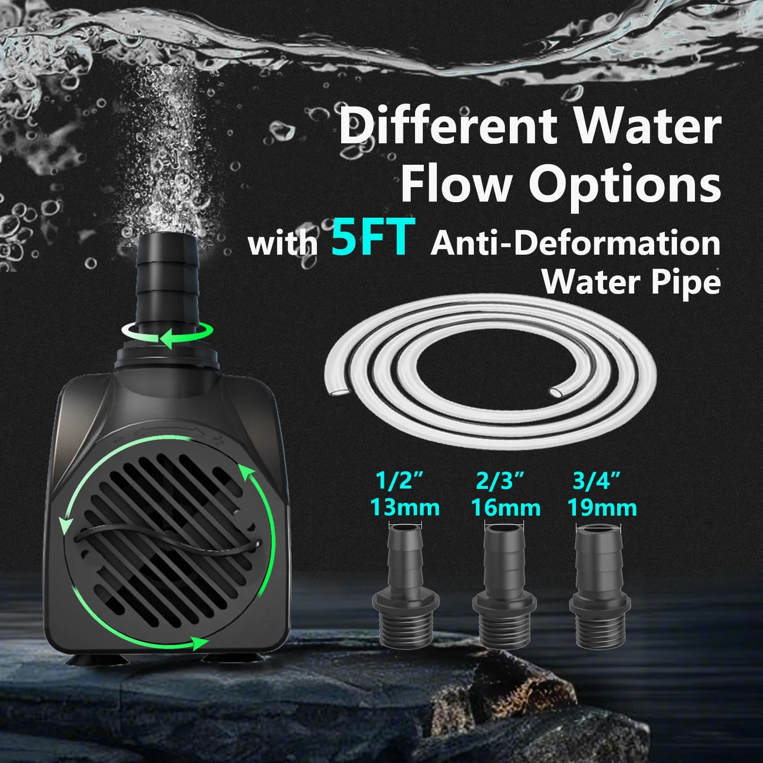 Bomba sumergible de 400 GPH de apagado automático (1500 L/H 25 W) bomba de agua de fuente ultra silenciosa con elevación de 6.5 pies de alto, 3 boquillas para acuario, pecera, estanque,