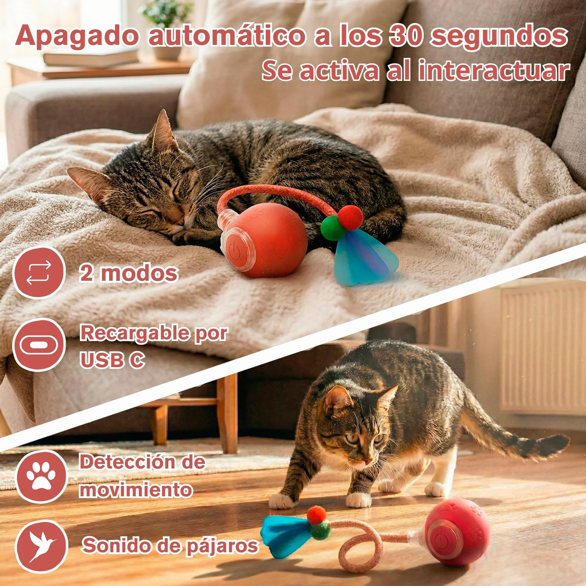 Juguete Interactivo Gato + 2 Colas de Recambio + Cable USB-C | Juguetes para Gatos Interactivo | Juguetes Gatos