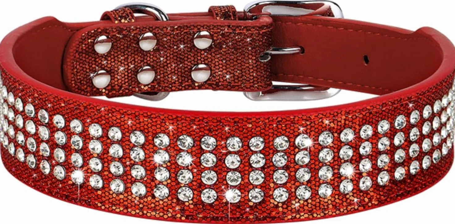Collar Ancho de Cuero con Diamantes y Brillantes for Perros medianos Grandes, Estilo Bulldog francés(Red,XL)