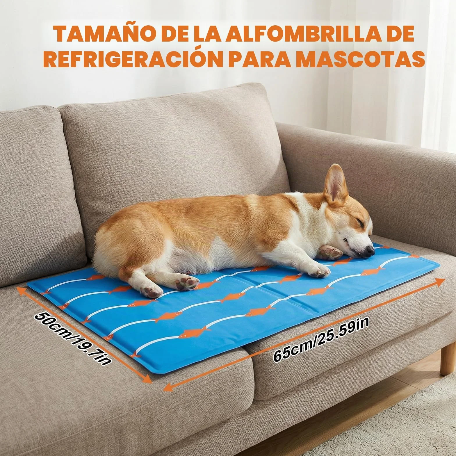 Qoosea Alfombra Refrescante para Perros y Gatos 50x65cm - Diseño Peces y Olas, Colchón Enfriador Autorefrescante, Impermeable y Plegable para Casa Coche y Viajes