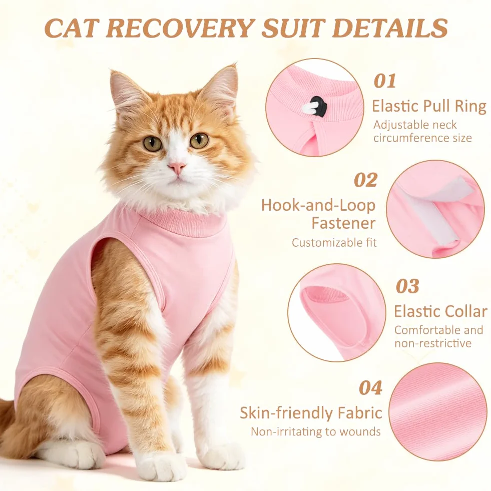 OFFCUP 2 Piezas Body de Recuperación para Gatos, Gatos Postoperatorio Hembra para Evitar Que se Laman Las Heridas, Suave y Cómodo, Gata Camiseta de Recuperación, Rosa, Talla M