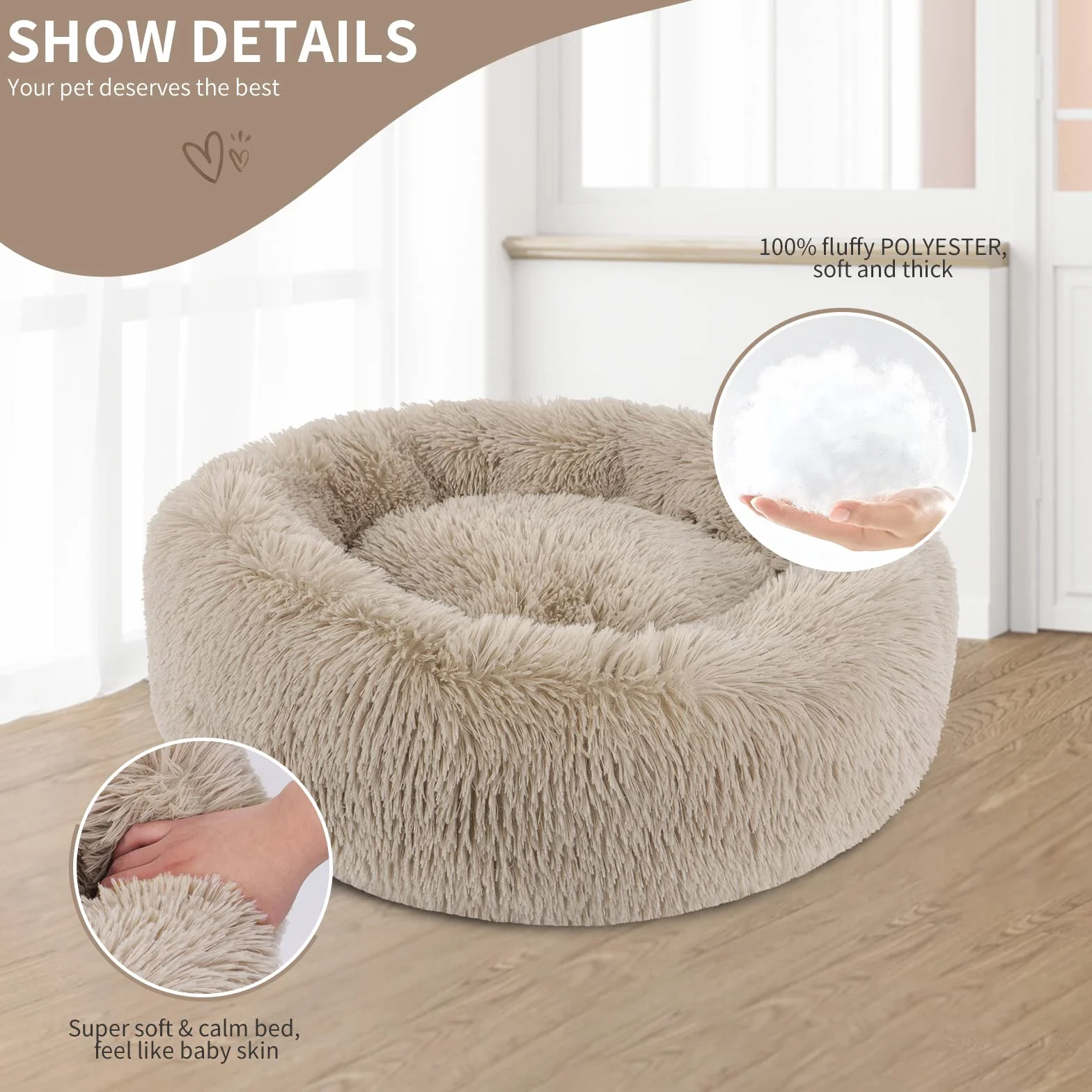BVAGSS Cama de Felpa Deluxe Plush Redonda de Pelo Nido de Donut para Mascotas Deluxe para Gatos y Perros XH034 (Diameter:70cm, Light Brown)