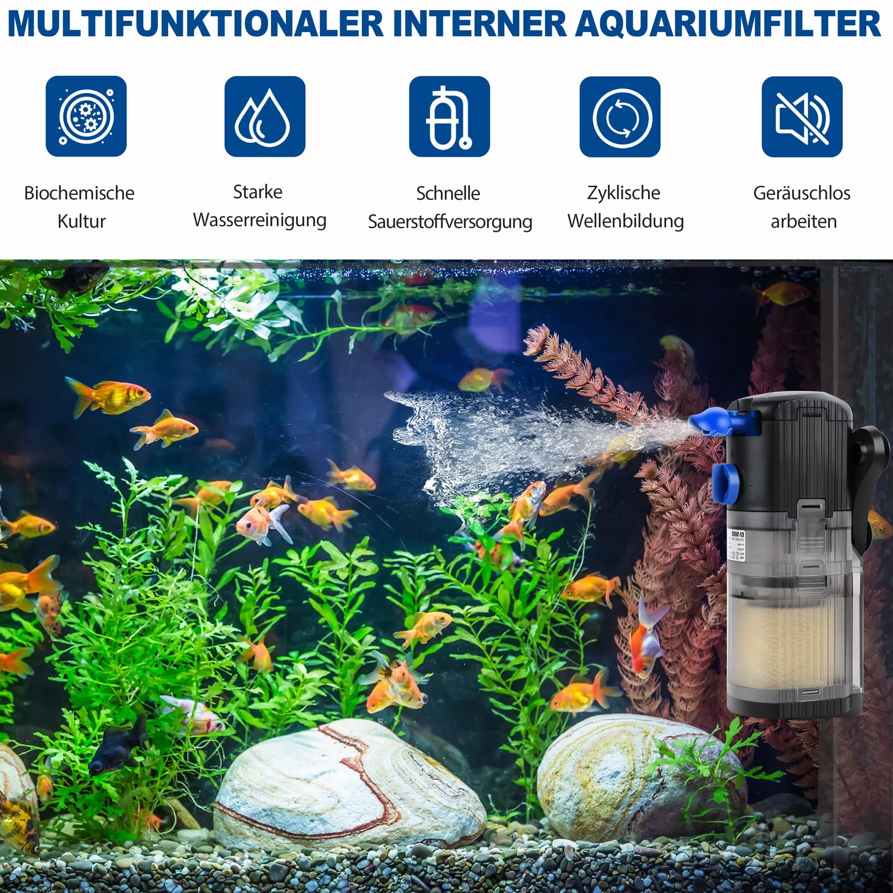 Forever Speed Filtro Interior Acuario Ajustable Filtro Acuario de 3 en 1 Filtro Pecera 500L/H, Adecuado para Acuario 40-120L 8W