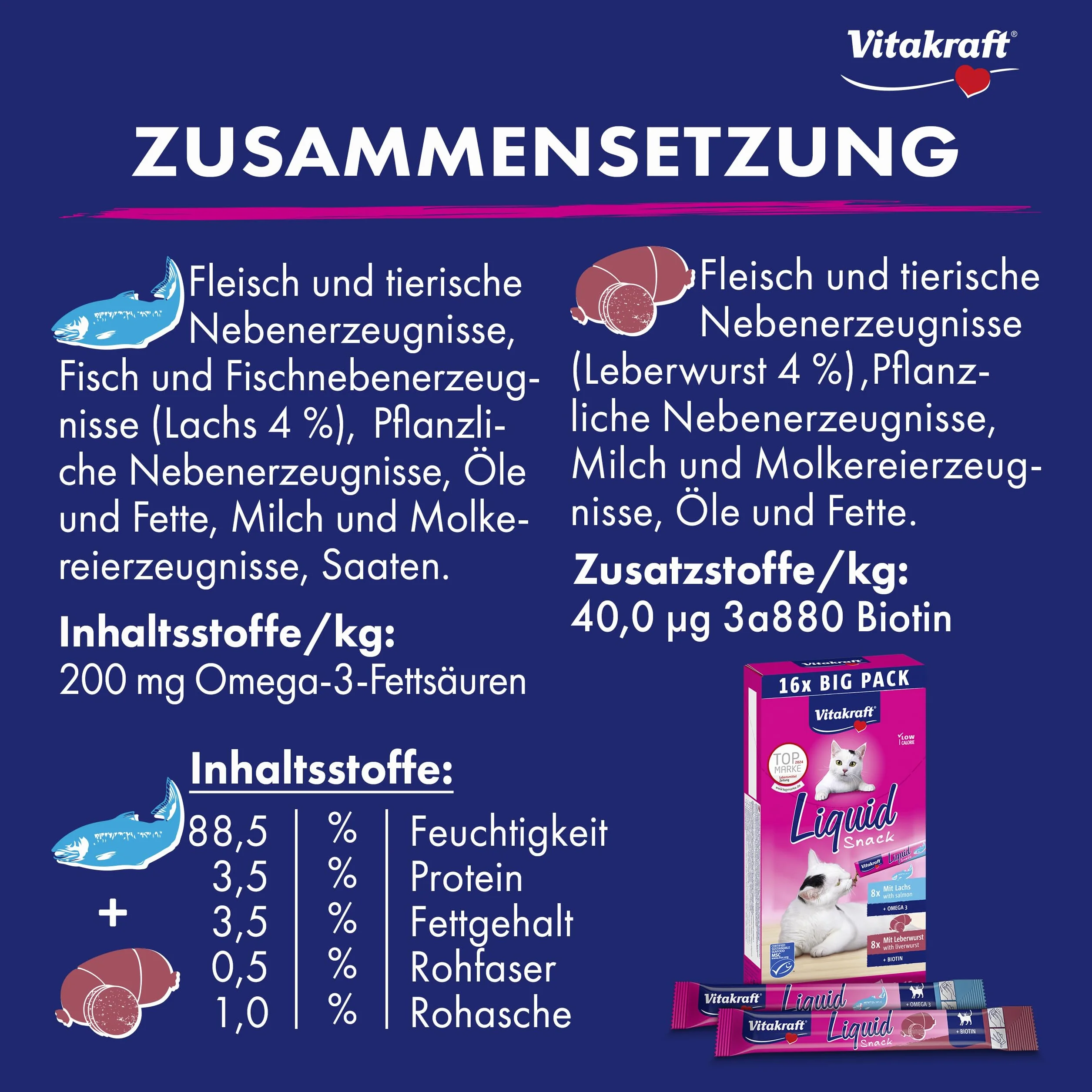 Vitakraft Liquid Snack, golosina para gatos, snack cremoso para gatos, con salchicha de hígado y biotina, con salmón y omega 3, en bolsitas individuales, 1 paquete de almacenamiento (16x 15g)