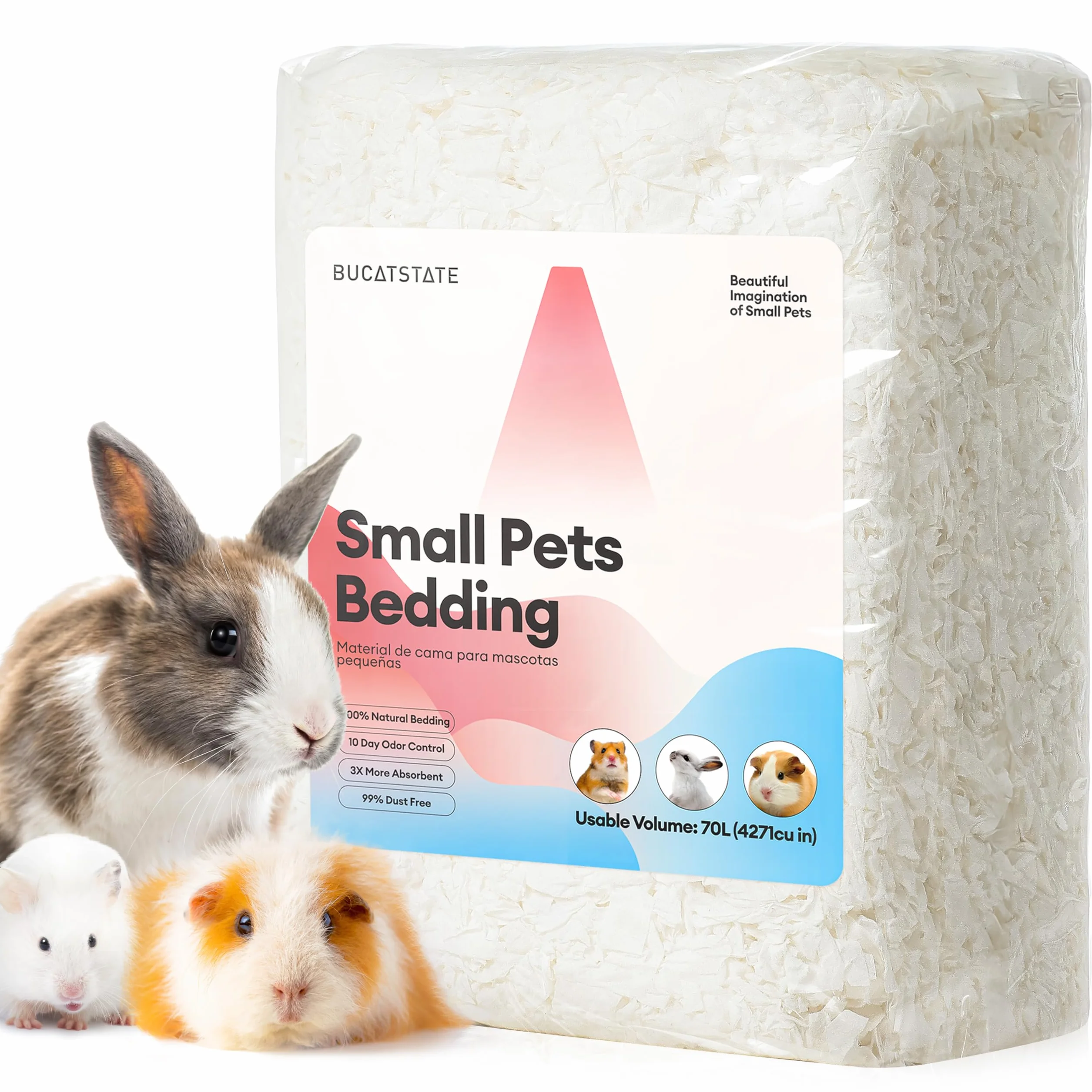 BUCATSTATE Lecho para Hámsteres 70L, Camas para Conejos Animales Pequeños, Ratones, Jerbos, Roedores, Control de Olores, Natural Lecho de Papel Súper Absorbente, 99,9% Libre de Polvo (70litros)