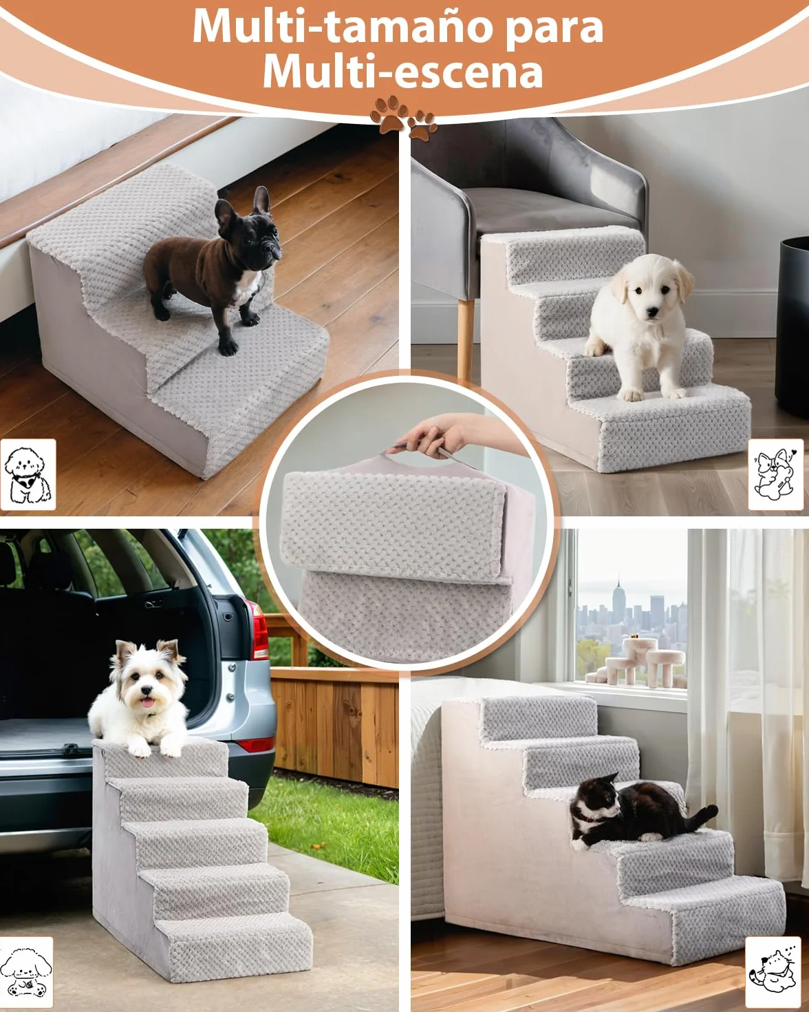 KSIIA Escalera para Perros pequeños de 33 cm, Funda Lavable, rampa Antideslizante para Cama y sofá, Gris