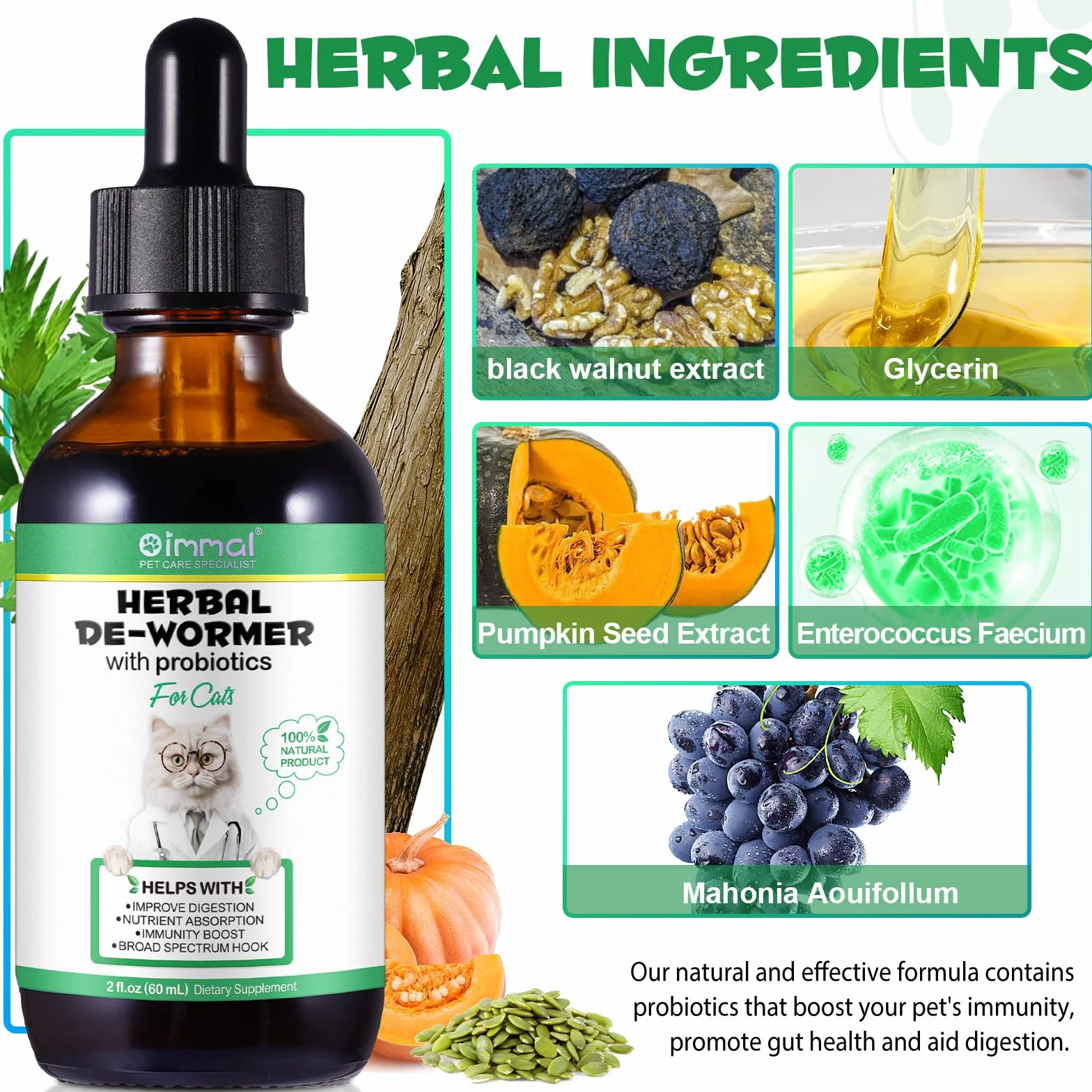Vermífugo líquido para Gatos, Gotas vermífugas Naturales a Base de Plantas para Gatos, 100% Natural, favorece la Salud y la higiene intestinal, Mejora la digestión, refuerza la inmunidad 60 ml