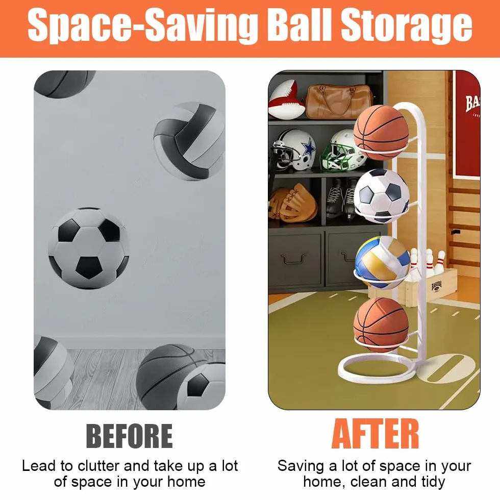 Soporte vertical para balones de metal, estante de 4 niveles para voleibol, baloncesto, fútbol (blanco)
