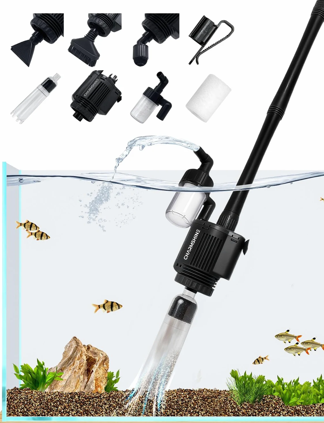 Limpiador eléctrico de grava para acuarios, edición 2025, extraíble, cambiador de agua, limpiador de grava para acuarios, tanques de agua dulce y salada (con vaso de filtro y abrazadera de