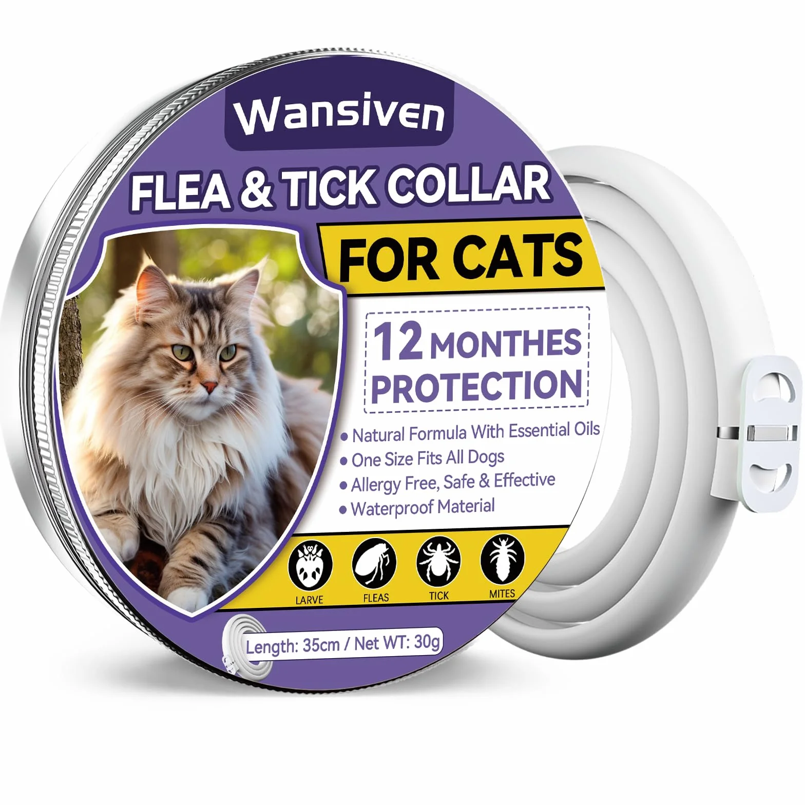 Wansiven Collar Antipulgas para Gatos, Ajustable Collar Antipulgas, Piojos, Pulgas, Parásitos, Adecuado para Gatitos, Gatos Medianos y Grandes 48cm