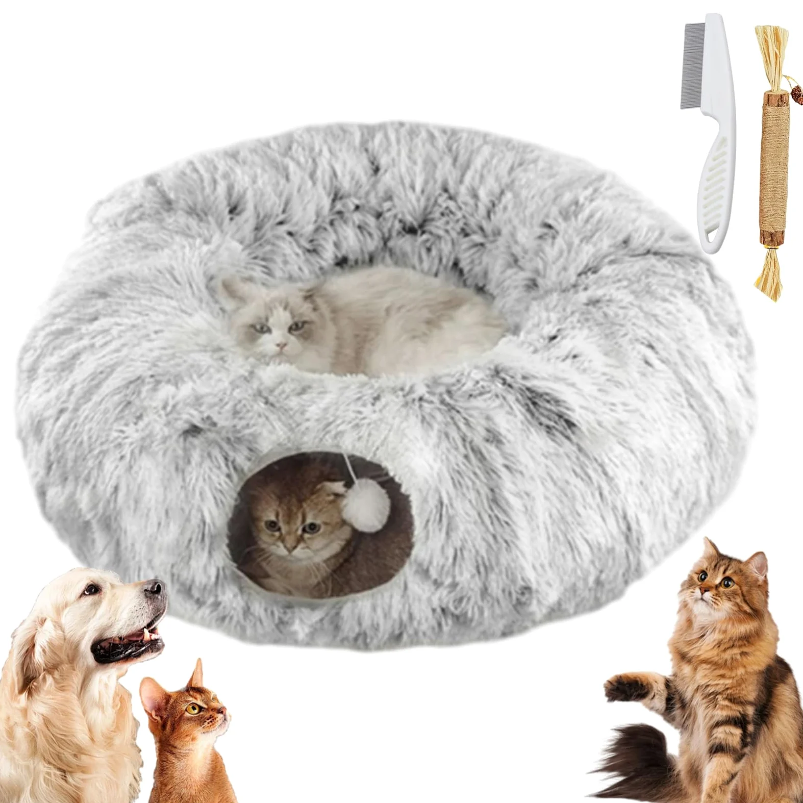 Túnel de gato Nirvana, túneles para gatos de interior, cama de túnel de felpa con bolas de juguete y almohadillas lavables, tubo de túnel multifuncional para gatitos y cachorros de conejo (gris, talla
