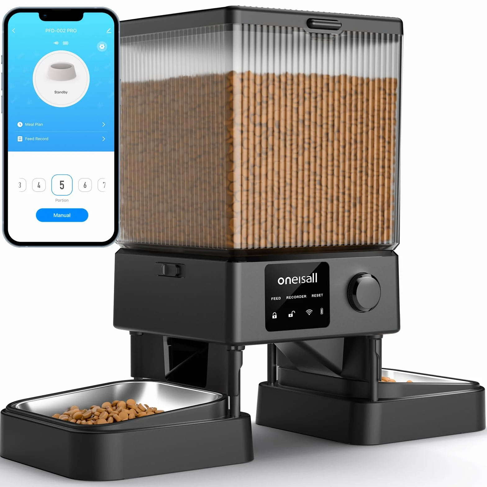 oneisall 5L Comedero Automático Gato 2 Tazones, 5G/2.4G WiFi Máquina de Comida Inteligente para Gatos/Perros, fácil Operación con Control App, con 2 Tazones de Acero Inoxidable, Grabadora de Voz