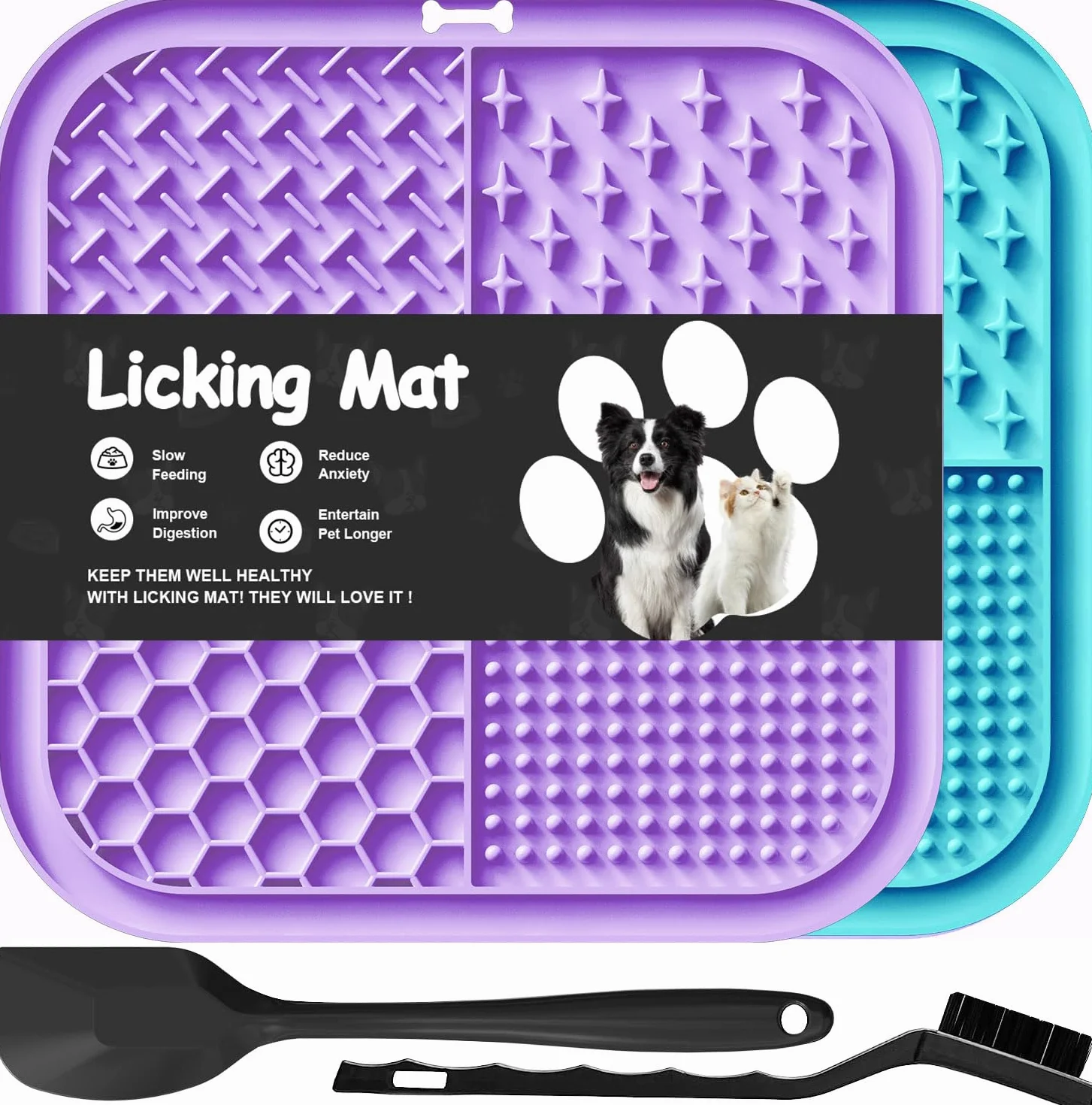 Azyh 2 Alfombrillas para Lamer Perros y Gatos con Ventosas 20X20cm, Alimentador Lento para Aliviar la Ansiedad, Juguetes, Tapete de Alimentación para Mantequilla, Yogur, Maní