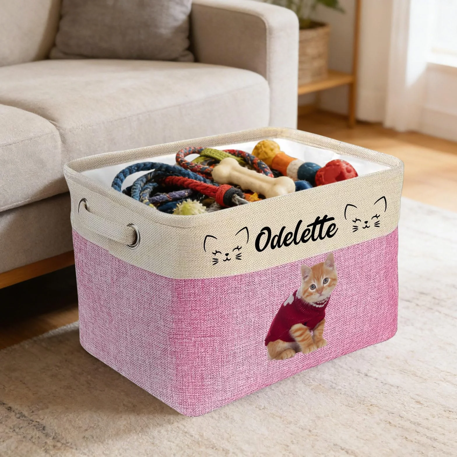 Cesta de almacenamiento personalizada para juguetes de perro, cesta plegable personalizada para mascotas con nombre y foto, cesta para juguetes de perro y suministros para mascotas (Rosa)