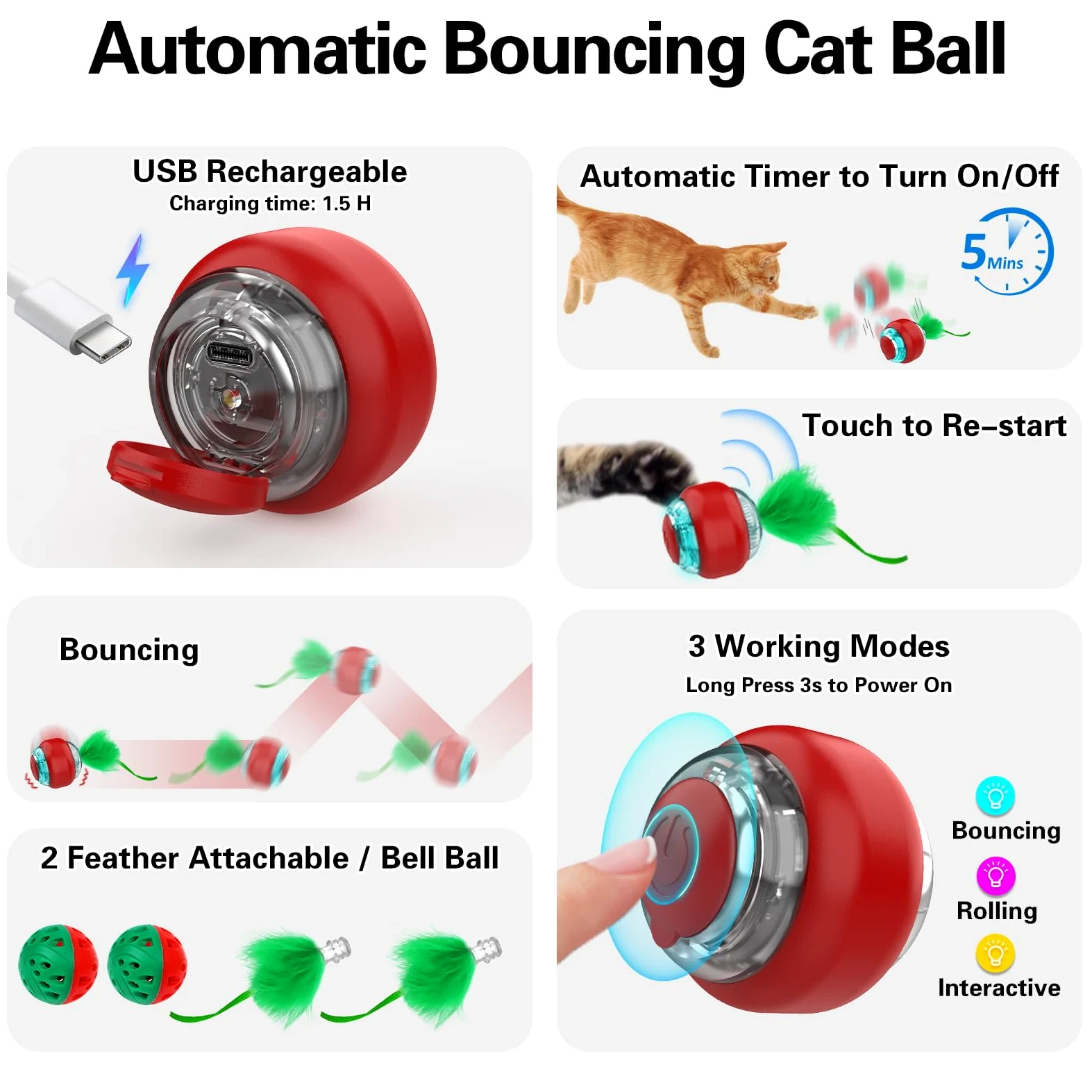 Sofolor Juego interactivo de juguete para gatos, juguete para esconderse con bola de gato activada por movimiento, 2 juguetes para gatitos, bola de campana, juguetes de ejercicio para gatos adultos