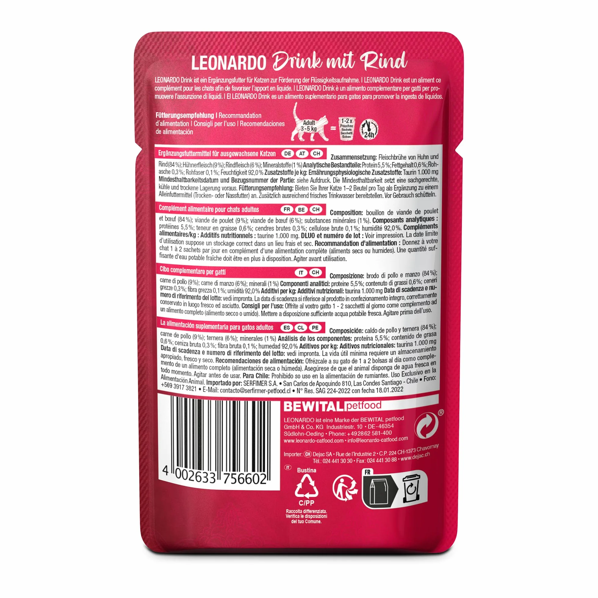 LEONARDO Drink Beef [20x40g Paquete múltiple Drink con Ternera] Bebida para Gato | Caldo de Carne con Tiras | Alimento complementario para Gatos
