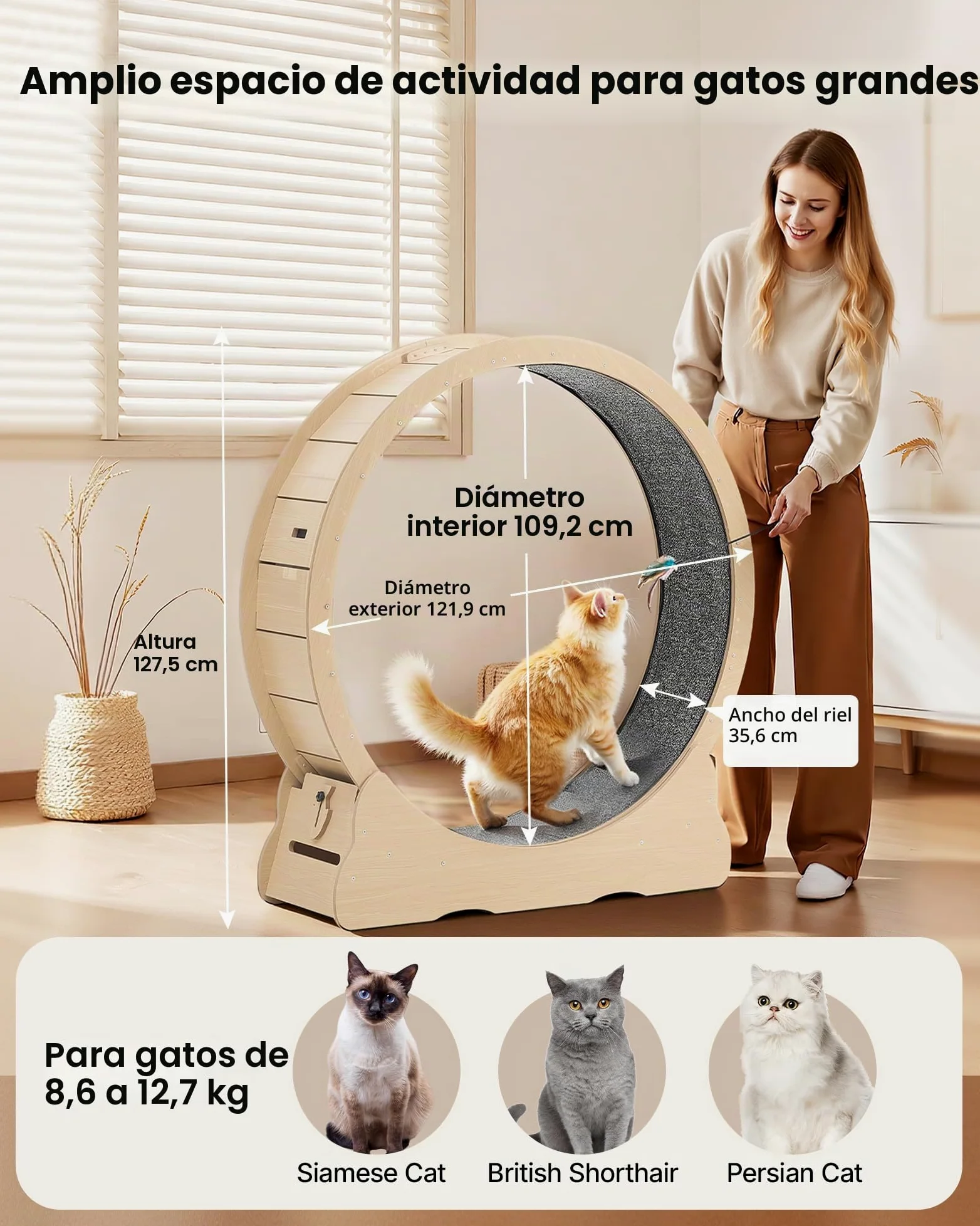 VEVOR Rueda de Ejercicio para Gatos, Diámetro Interior de 1080 mm, para Gatos de 8,6 a 12,7 kg, con Superficie de Alfombra y Mecanismo de Bloqueo, Ruedas Silenciosas de TPE, 1200 x 340 x 1275 mm