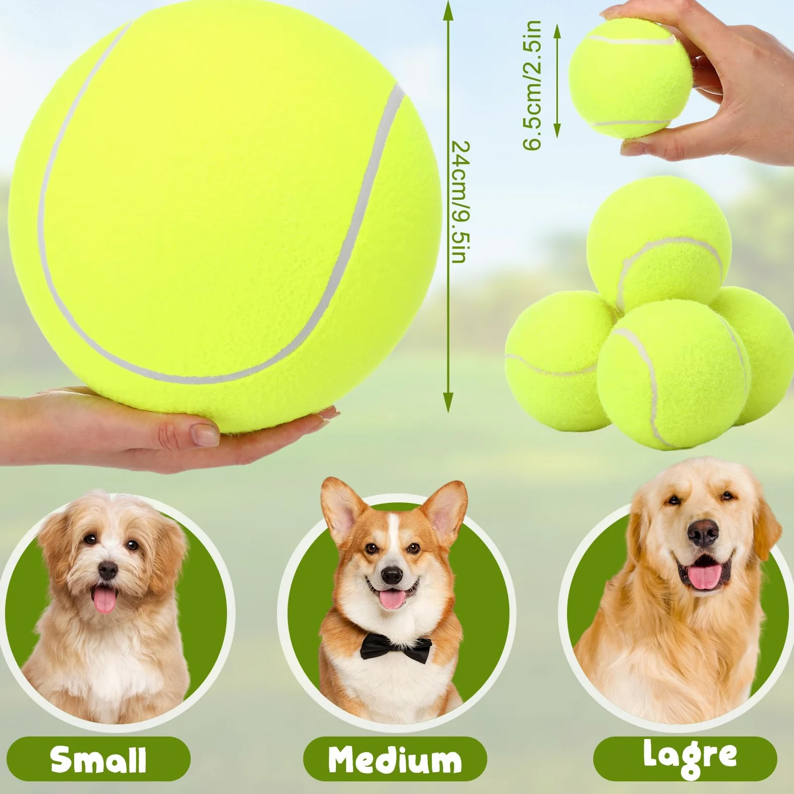 Blueweenly Paquete de 4 pelotas de tenis inflables grandes de 9.5 pulgadas para perros con 4 pelotas de tenis chirriantes de 2.5 pulgadas, pelota interactiva para lanzar y buscar pelota para perros