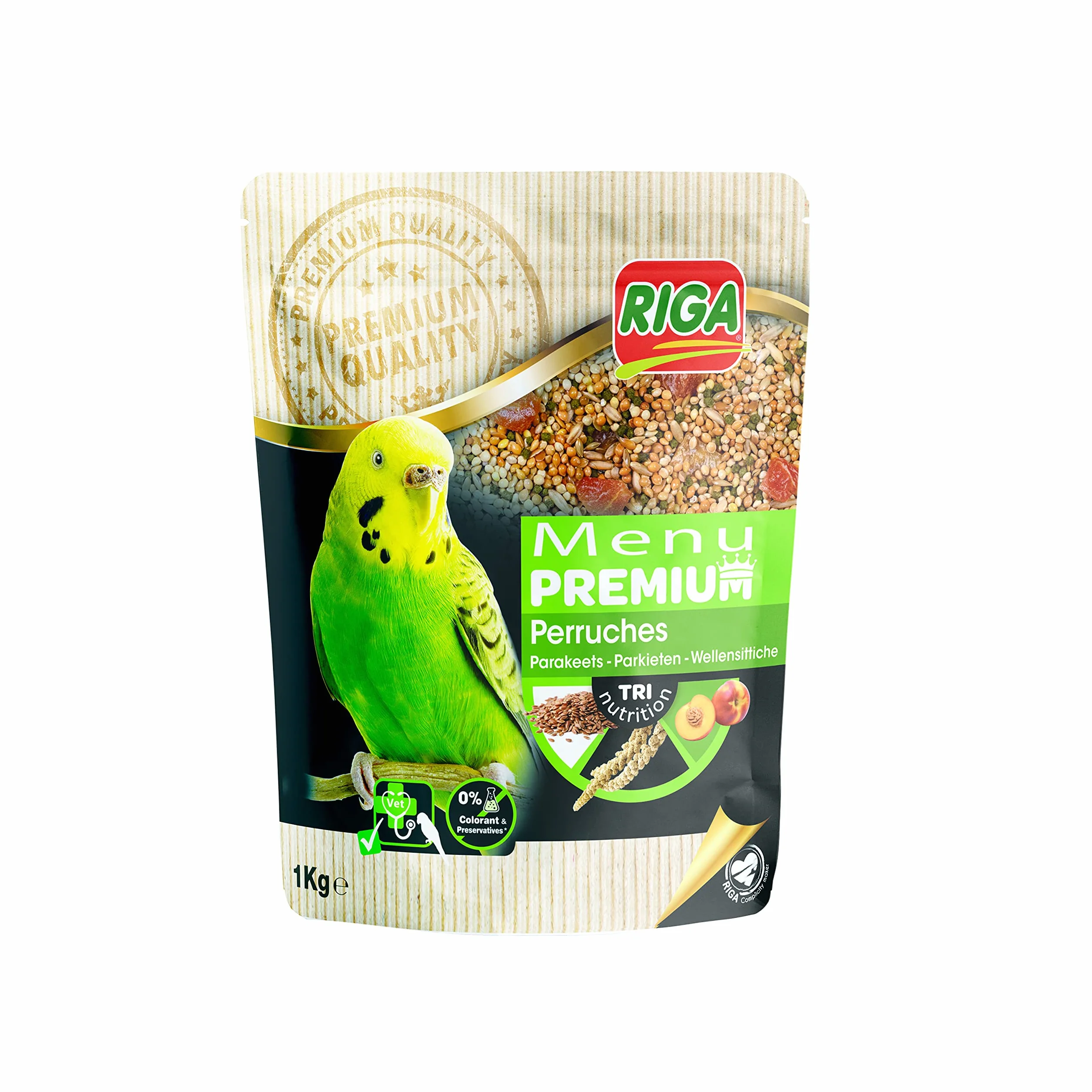 Riga - Menú Premium para Periquitos - Mezcla de Semillas, Cereales y Proteínas Vegetales - Concepto Tri-Nutricional - Ayuda al Funcionamiento Intestinal Óptimo - 1 kg
