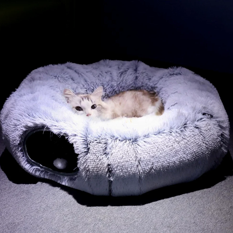 Túnel de gato Nirvana, túneles para gatos de interior, cama de túnel de felpa con bolas de juguete y almohadillas lavables, tubo de túnel multifuncional para gatitos y cachorros de conejo (gris, talla