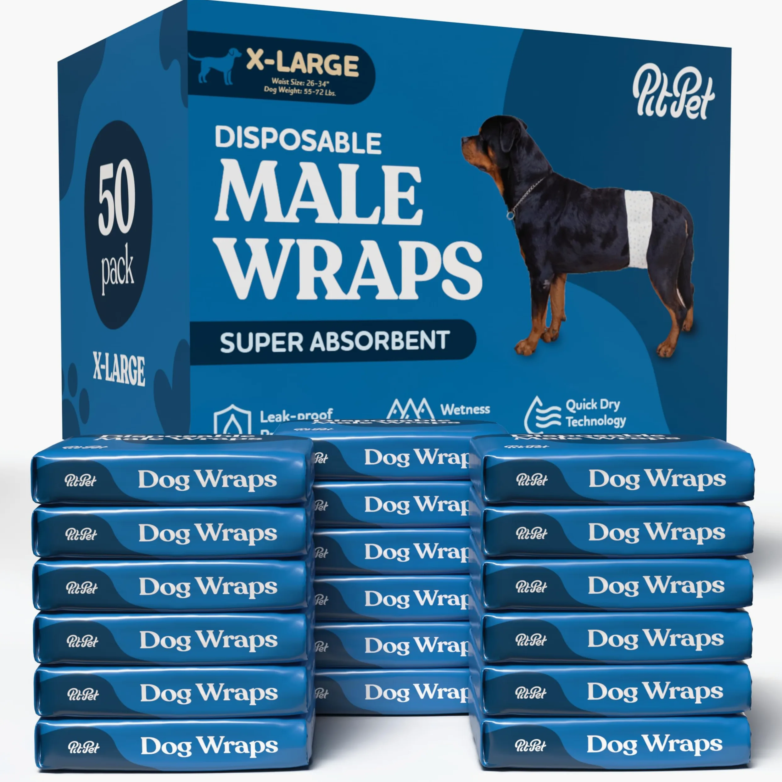 Pañales cómodos para perros machos, paquete de 50 envolturas desechables superabsorbentes para perros machos, tecnología FlashDry gel, indicador de humedad, pañales para perros, envolturas para el