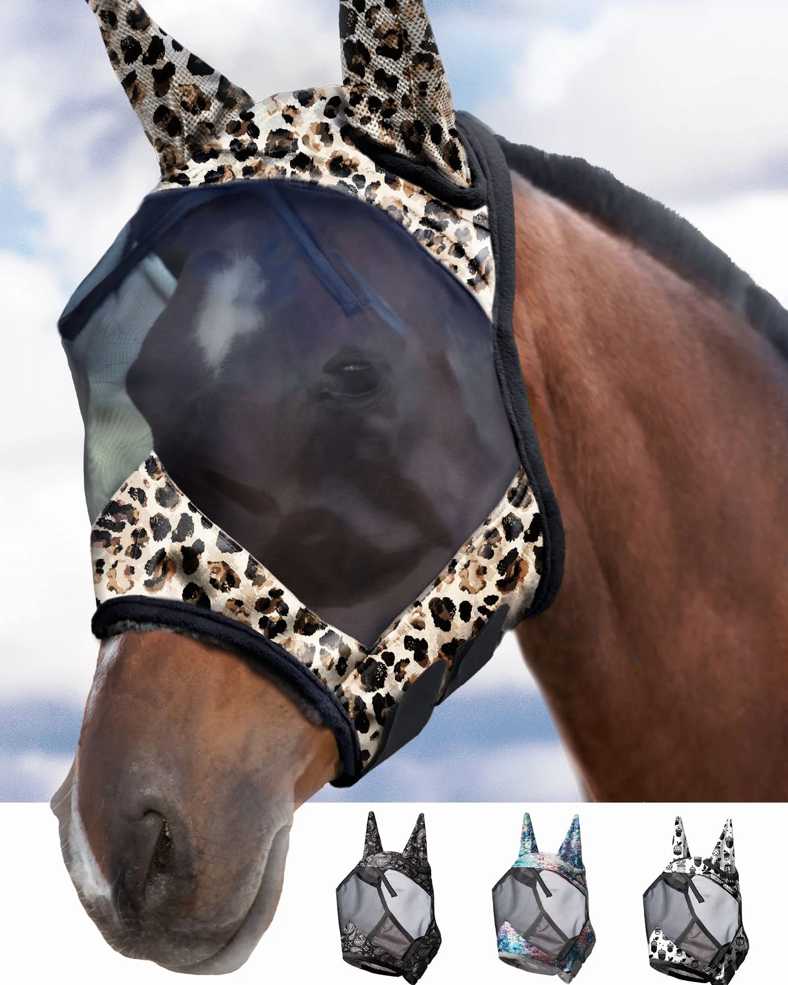 Harrison Howard CareMaster Máscara de Mosca de Caballo Estándar con Orejas Protección UV para Caballo-Estampado de Leopardo (M)