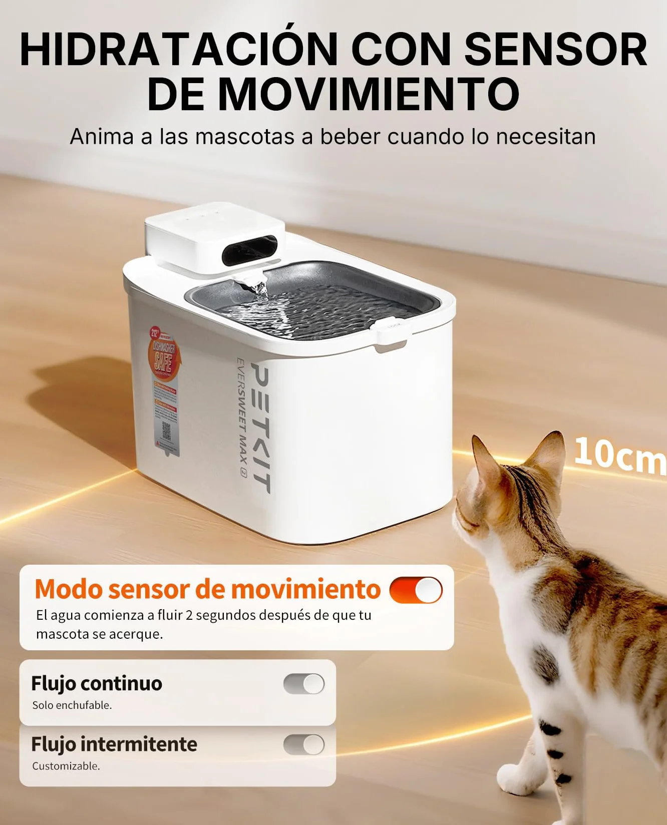 PETKIT EVERSWEET MAX 2 Fuente para Gatos sin Cable, Resistente al Calor, con Sensor de Movimiento, 5000mAh Batería Recargable, Control de App, 3L Bebedero Gatos Automático, Acero Inoxidable