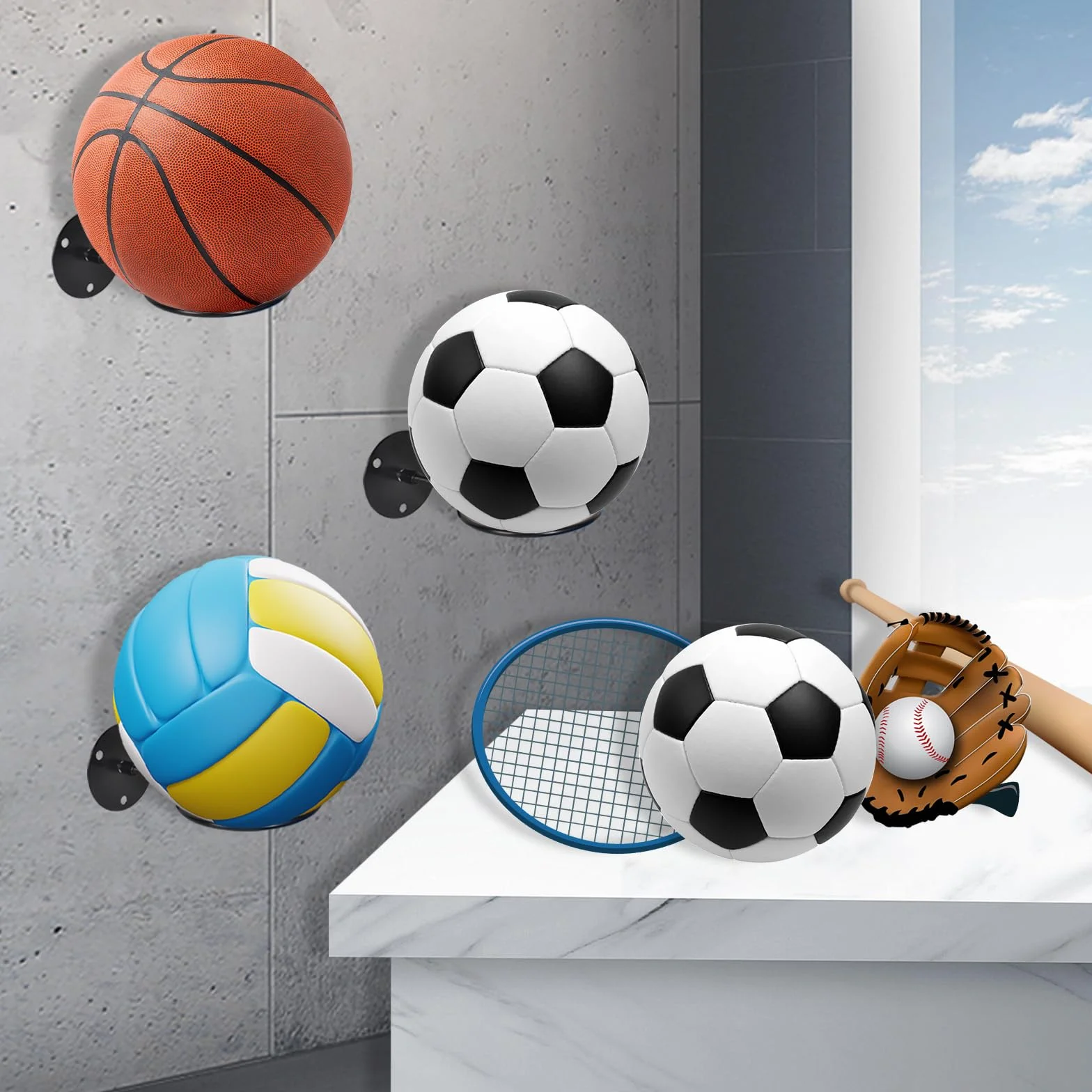 Soporte de Pared para Balones de Exhibición Baloncesto Rugby Voleibol Negro
