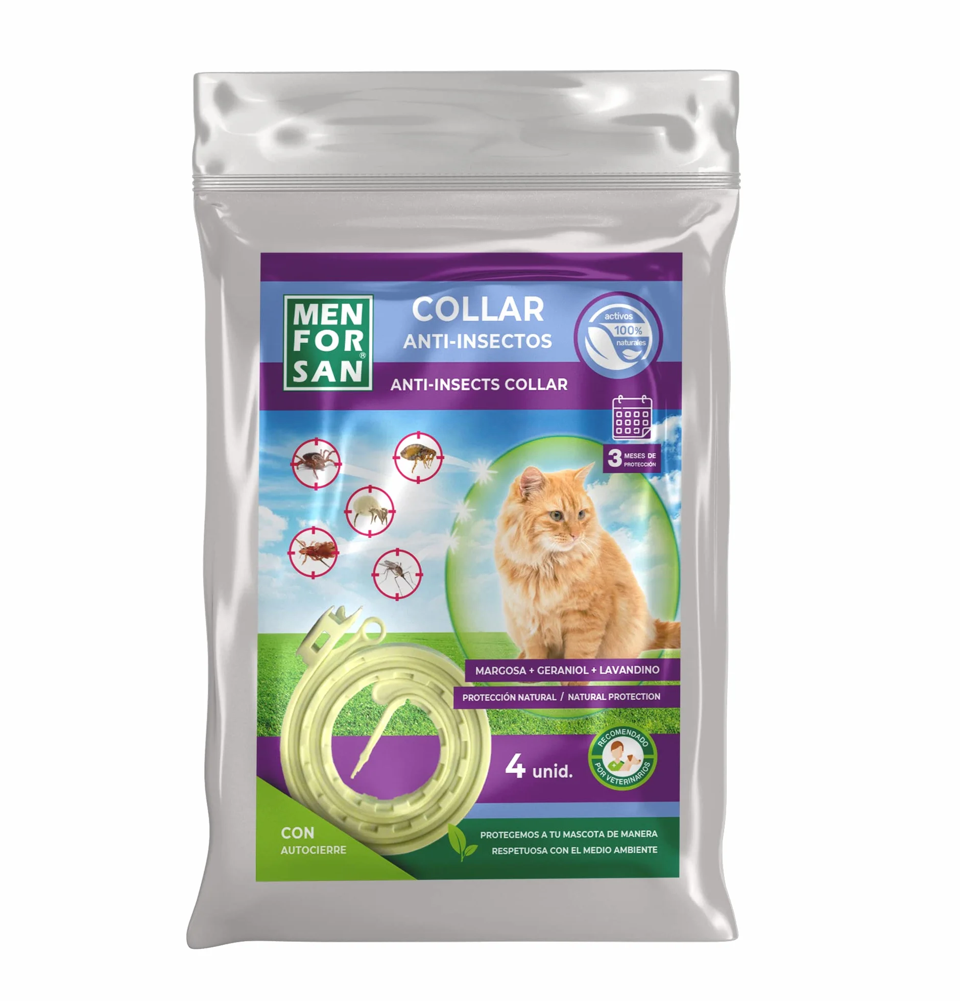 MENFORSAN Pack con 4 Collares Anti-Insectos Gatos, con Margosa, Geraniol y Lavandino, Bolsa autocierre