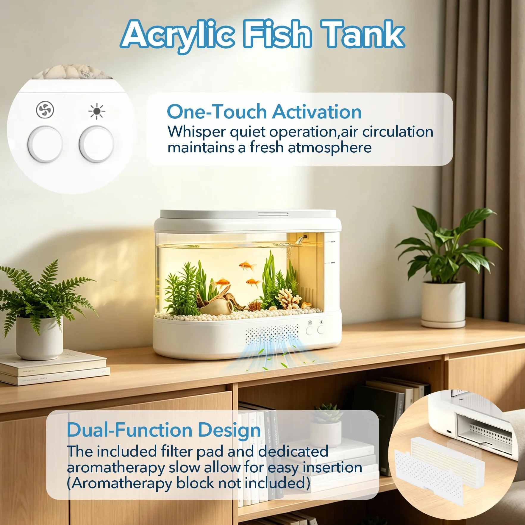 3,7L Acuario Pequeño Kit de Inicio,Blanco Aquario Acrílico con Sistema de Filtrado e Iluminación LED, Pecera Pequeña de Mesa para Peces Betta, Plantas y Gambas