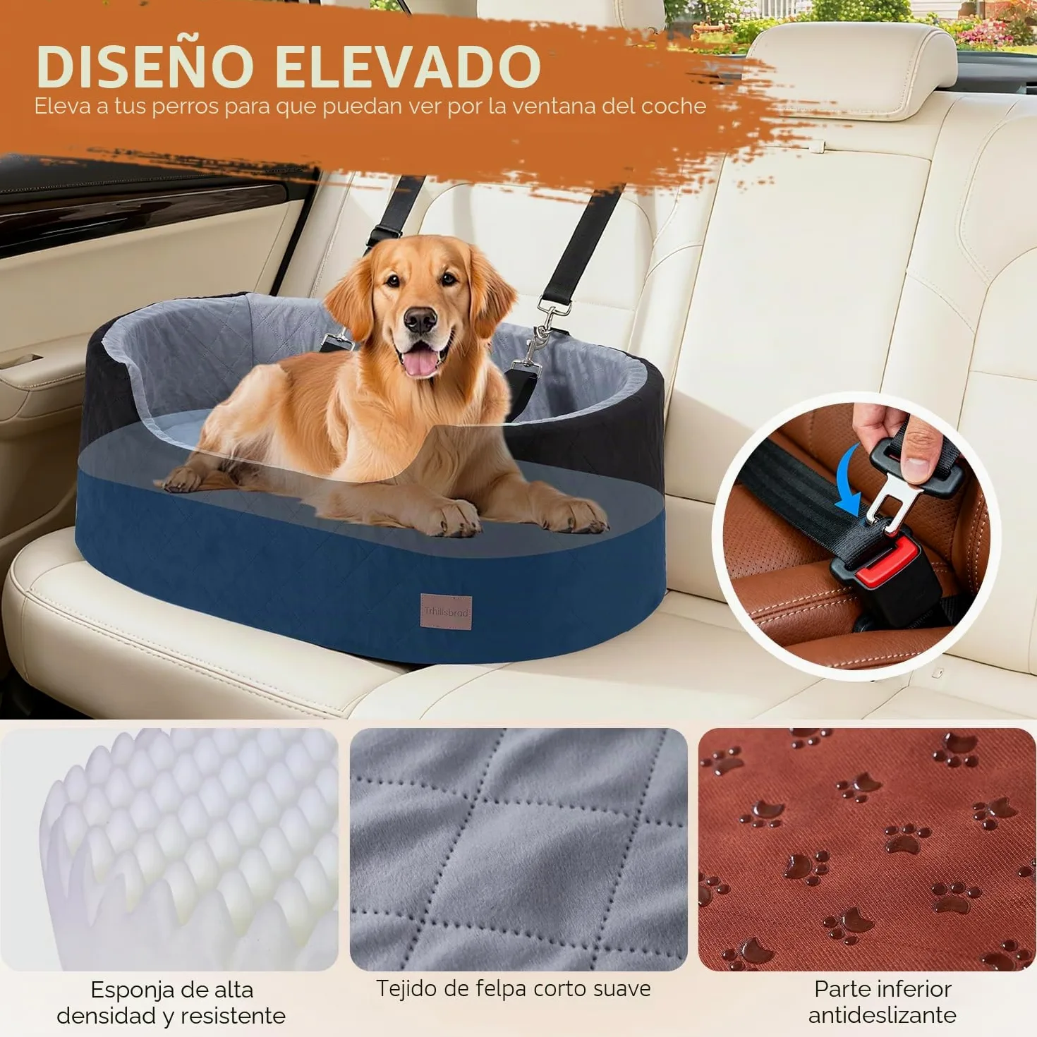 Asiento de Coche de 10 cm de Altura para Perros de Menos de 25 kg | Cojín de 70 x 42 x 10 cm, 2 correas de seguridad, asiento para coche para perros con funda extraíble y lavable