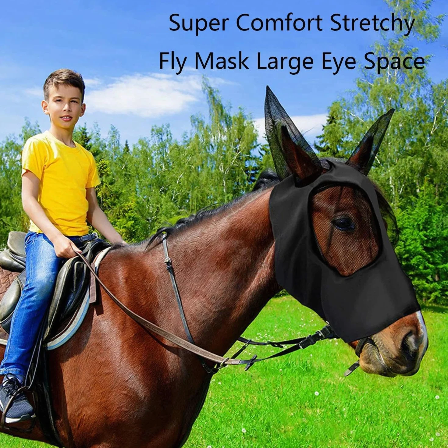 1 Máscaras Protectoras para Caballos con Cobertura Orejas, Tela Lycra Elástica, Repele Moscas e Insectos, Protección Solar Equina, Malla Transpirable y Suave