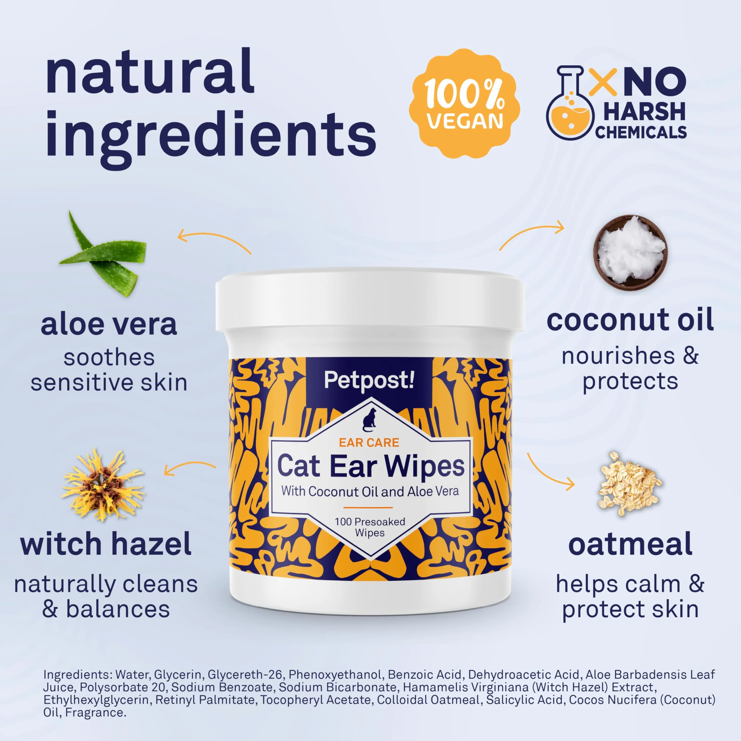 Petpost | Toallitas Limpiadoras de Oído para Gatos – 100 Almohadillas de Algodón Ultra Suave en Solución de Aceite de Coco – Tratamiento para Garrapatas de Oído de Gatos e Infecciones Auditivas