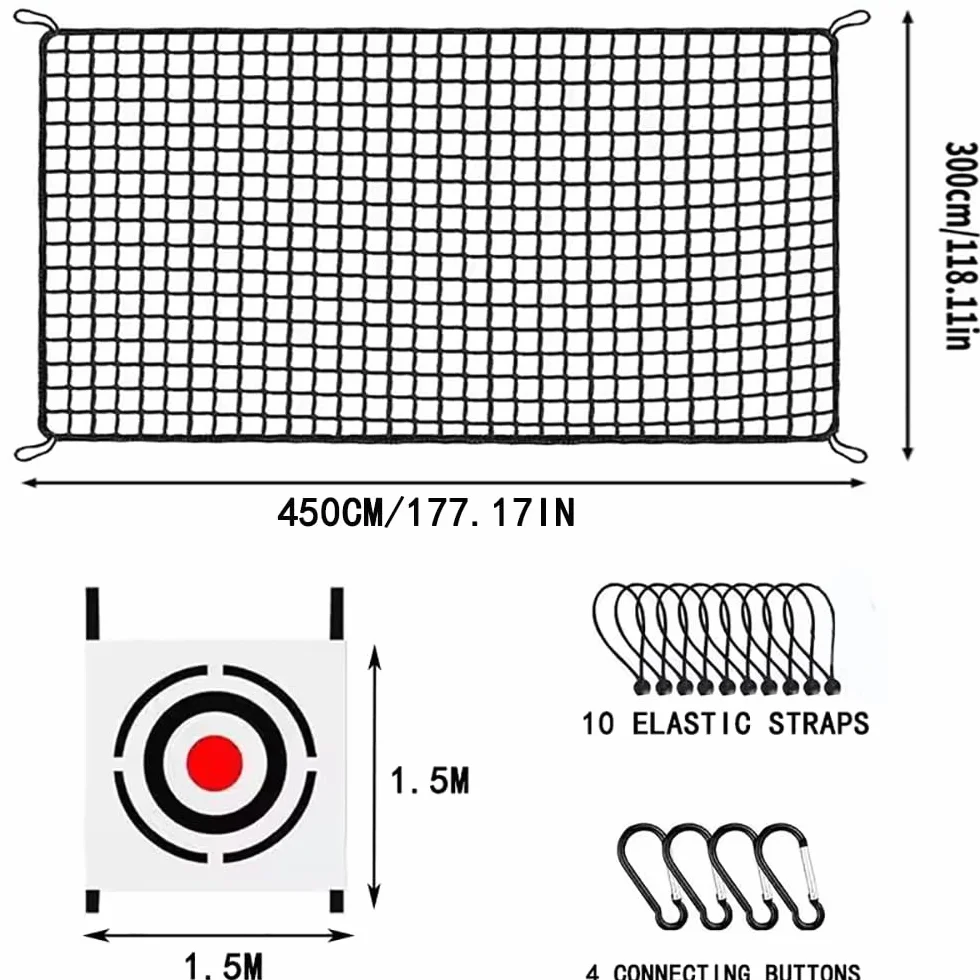 Red de Práctica Golf 3mx4.5m Malla Poliéster Negro 2,54cm con Diana Integrada +10 Bolas Elásticas +4 Mosquetones Bordes Reforzados