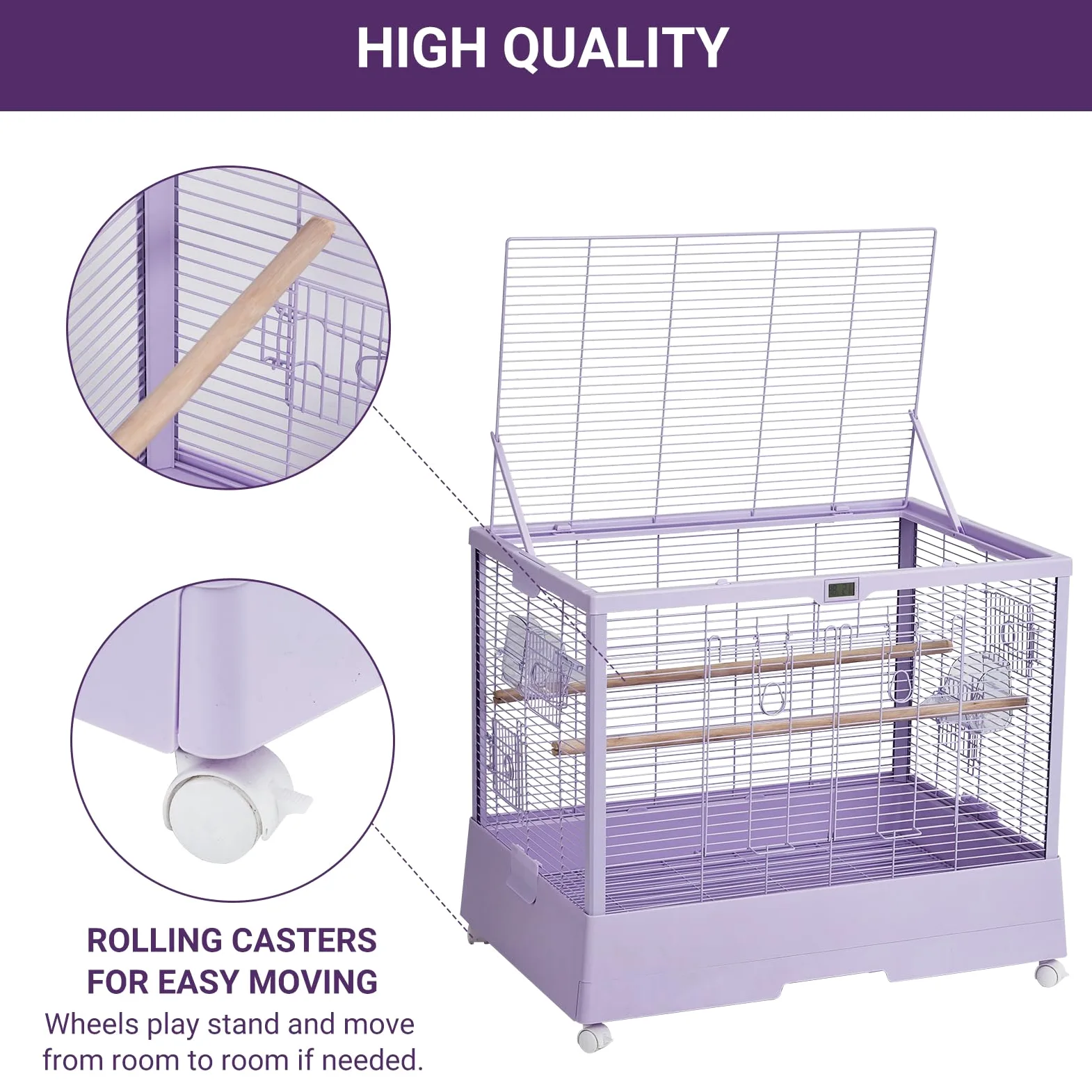 Garvee Jaula de metal para pájaros pequeños, jaula de loro, jaula de hierro forjado con soporte, ruedas, bandeja deslizante accesorios y estante de almacenamiento para periquitos, tortolitos, canarios