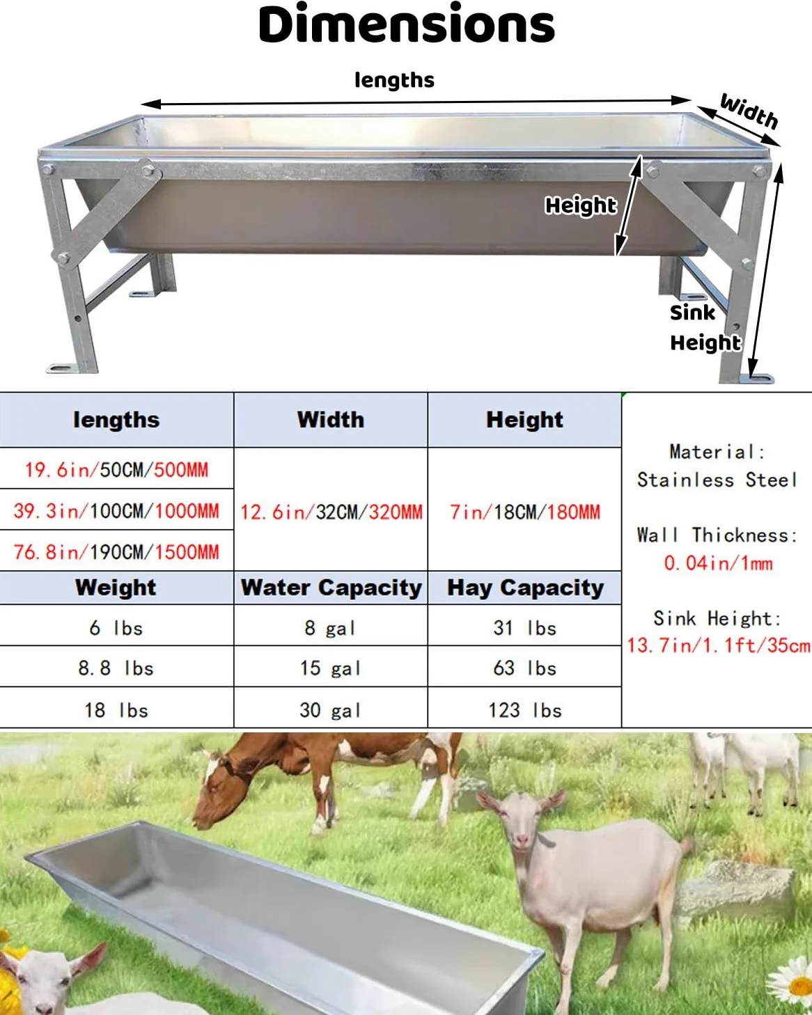 Comedero de Gran Capacidad para Animales de Granja: comedero y Bebedero para Ganado Vacuno, porcino, ovino, caprino y Aves de Corral con Soporte, 100 cm/39 Pulgadas. Ideal para la alimentaci