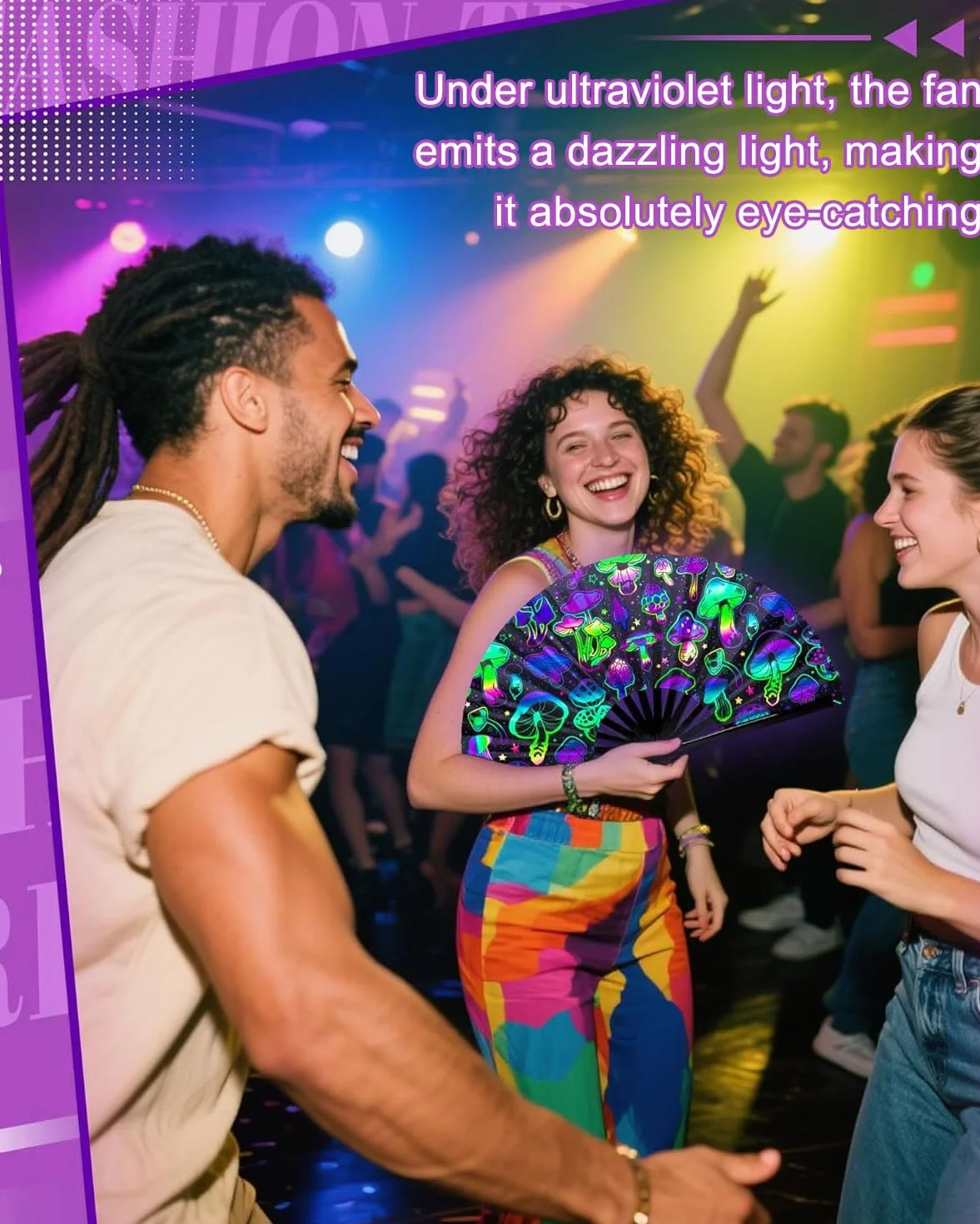 Abanico Plegable Glow Rave de Mano Grande para Bailar, Fiestas, Festivales