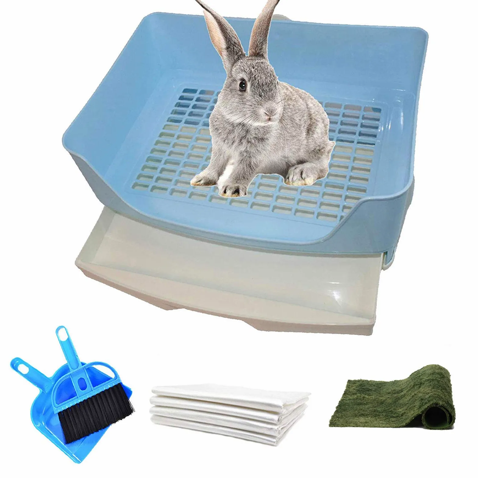 PINVNBY Caja de arena grande para conejos con cajón, bandeja de esquina más grande para conejillo de indias, chinchilla, hurón, animales pequeños (azul)