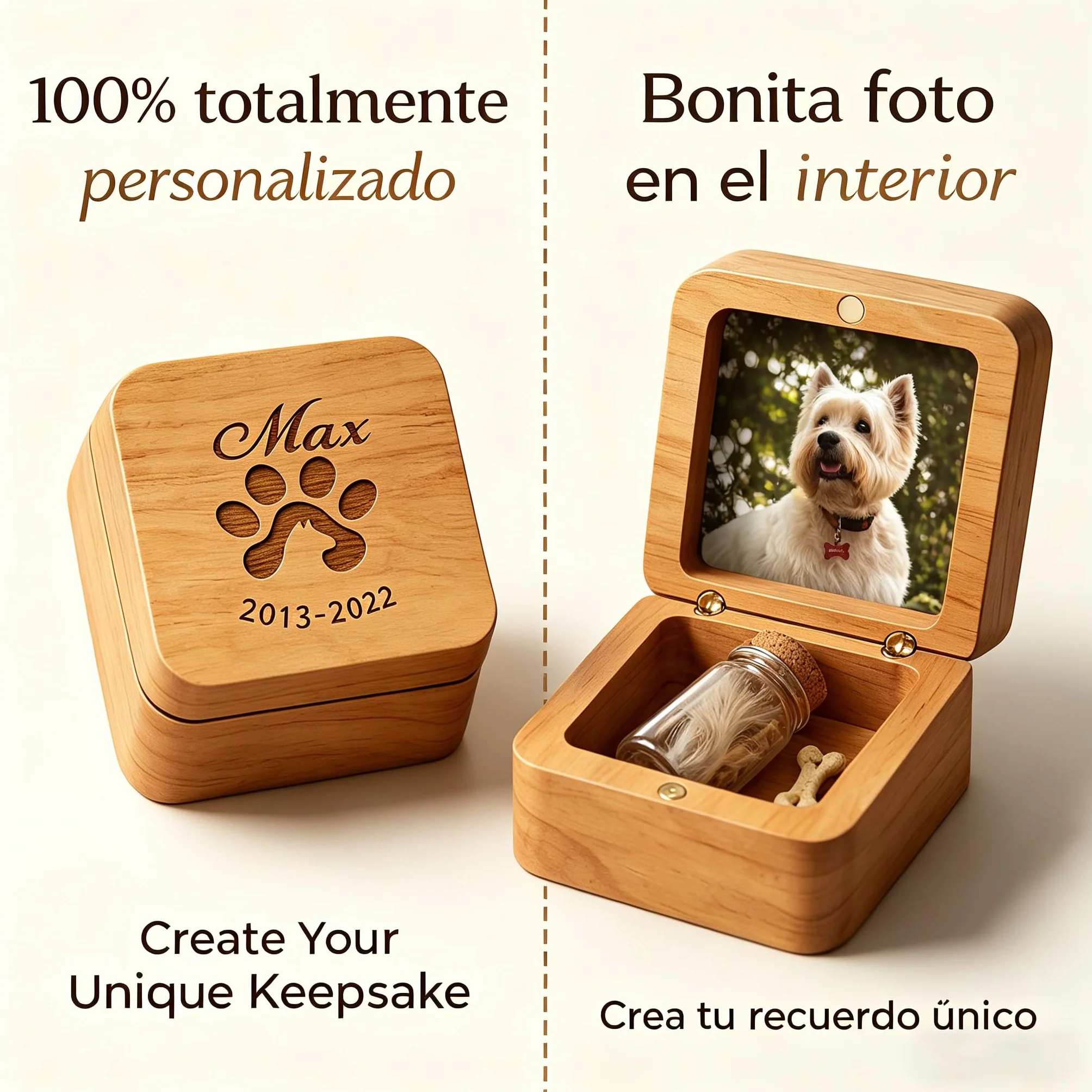 VEELU Regalo Conmemorativo Perro Gato Personalizado - Caja de Recuerdos con Foto y Nombre, Pequeña Urna de Madera para Cenizas y Pelo con 4 Frascos de Vidrio, Regalo por la Pérdida de una Mascota