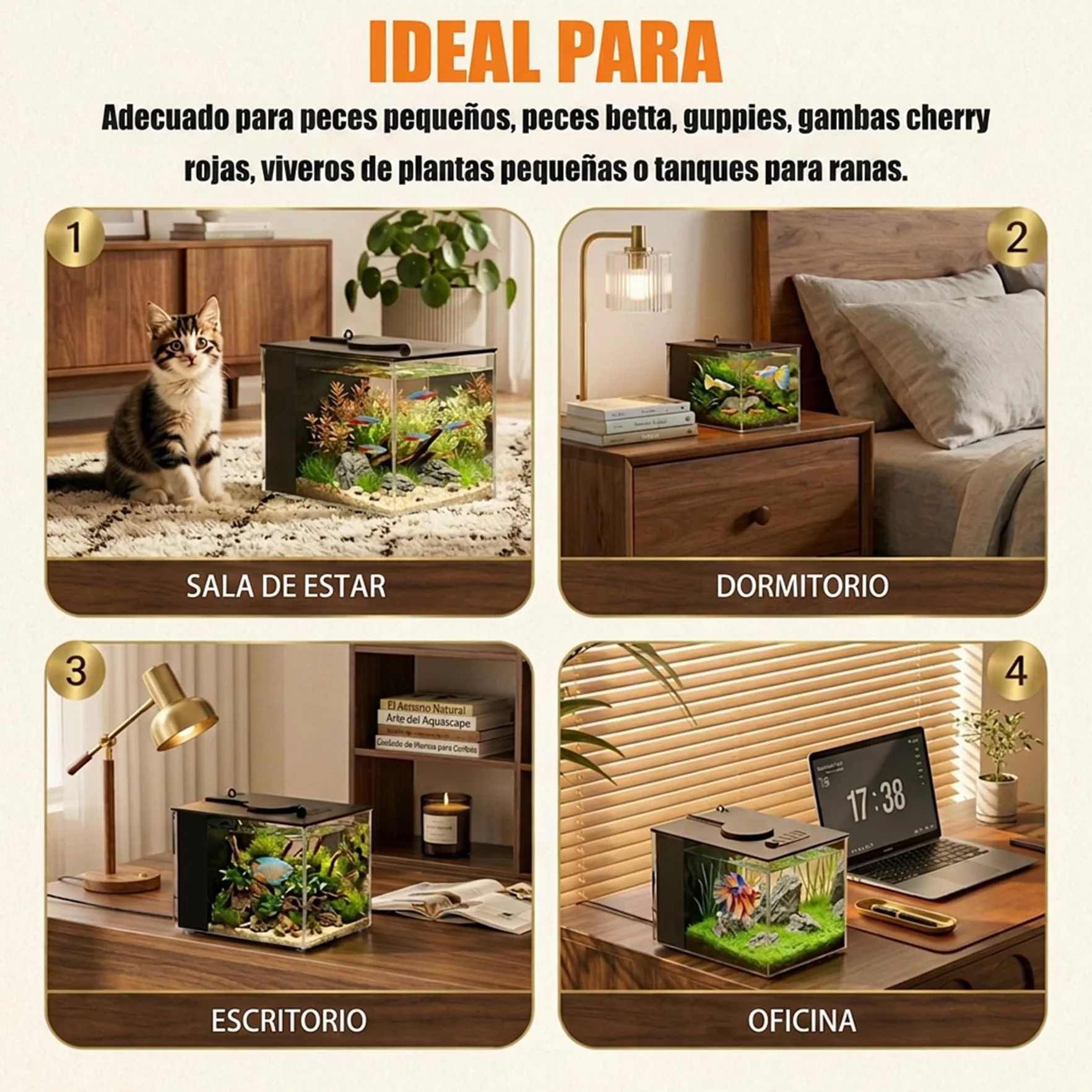 Vehipa 3,7L Acuarios pez Beta Completas, Pequeña Acuario de Acrílico con Bomba de Filtro de Agua y Luz LED, Ideal para Peces Pequeños, Gambas y Plantas (Negro)