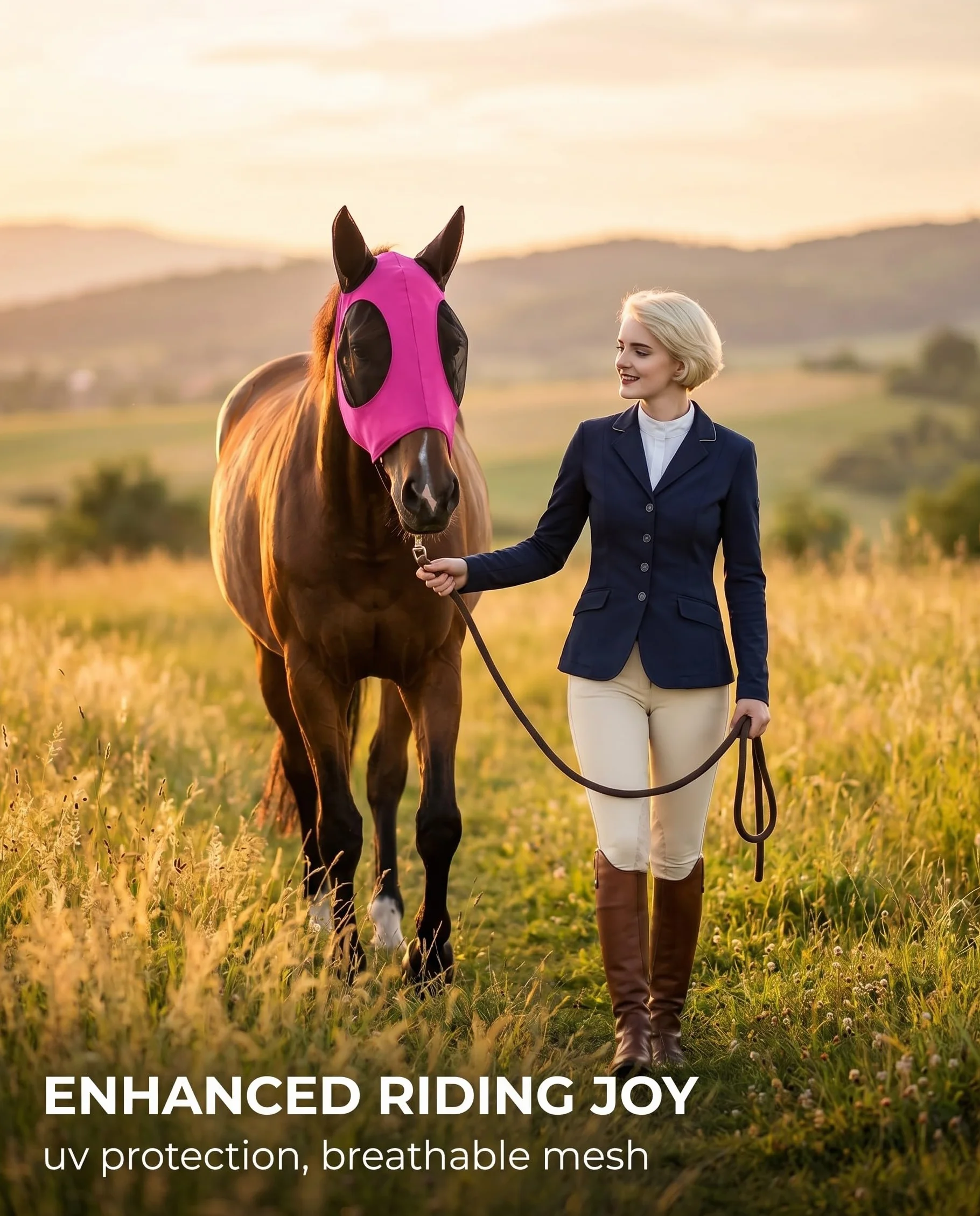 Máscara Anti-Moscas para Caballos Rosa Fucsia Protección UV con Orejeras Elásticas Transpirable