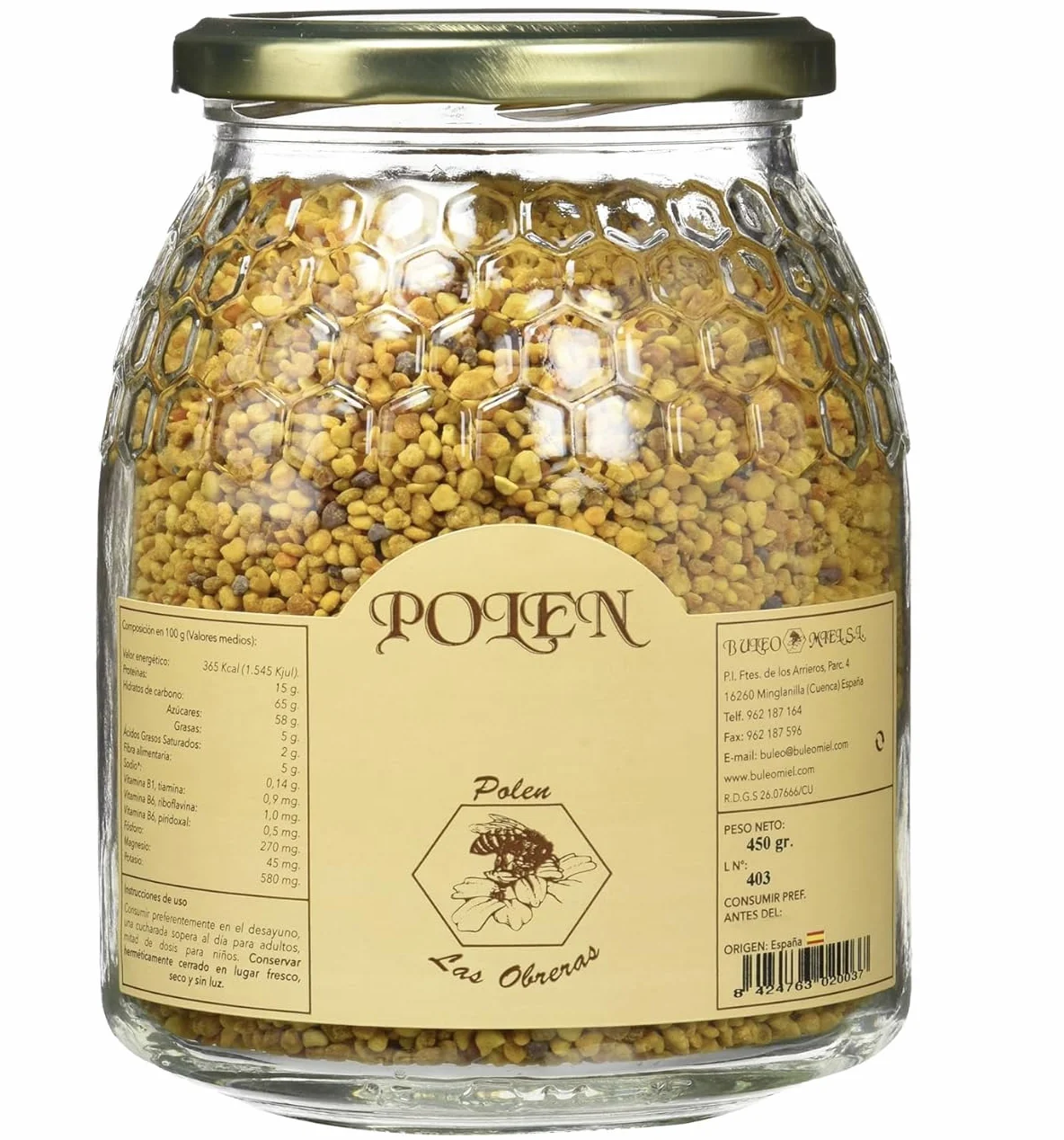 Polen de Abeja natural. Polen Las Obreras 450 grs. Origen España 100%. Pequeño tesoro alimenticio que las abejas extraen de diversas flores. Origen, Cuenca.