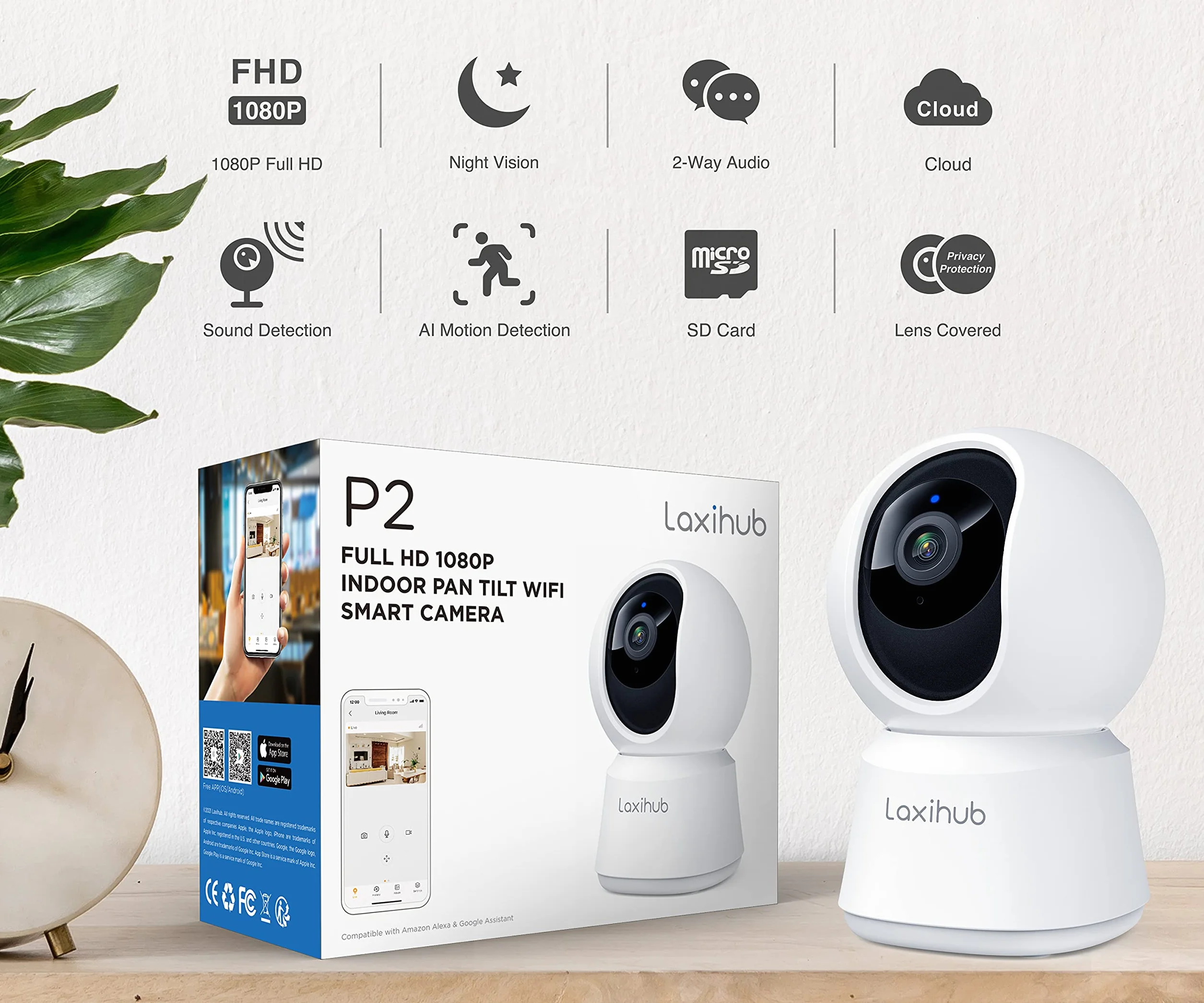 LAXIHUB 2.4GHz WiFi Cámara vigilancia Interior, PTZ 355° Camara para Perros en Casa, Telecamera Wi-Fi Interno Visión Nocturna, Audio Bidireccional, Compatible con Alexa y App Tuya