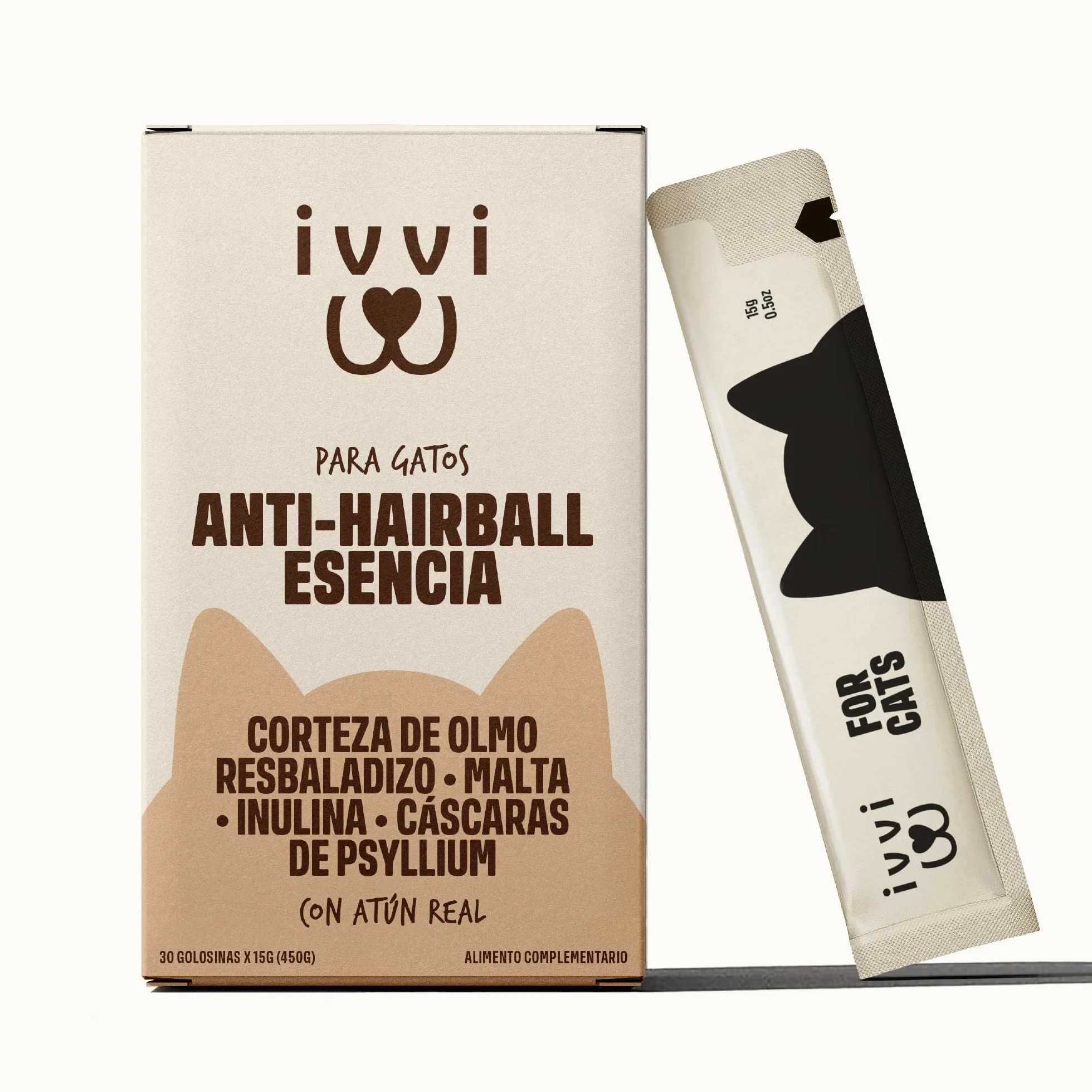 ivvi Anti Bolas de Pelo para Gatos – Anti-Hairball Esencia Crema Funcional con Malta, Olmo Rojo, inulina y psyllium – Ayuda a Eliminar Bolas de Pelo – 30x15g – con atún Real