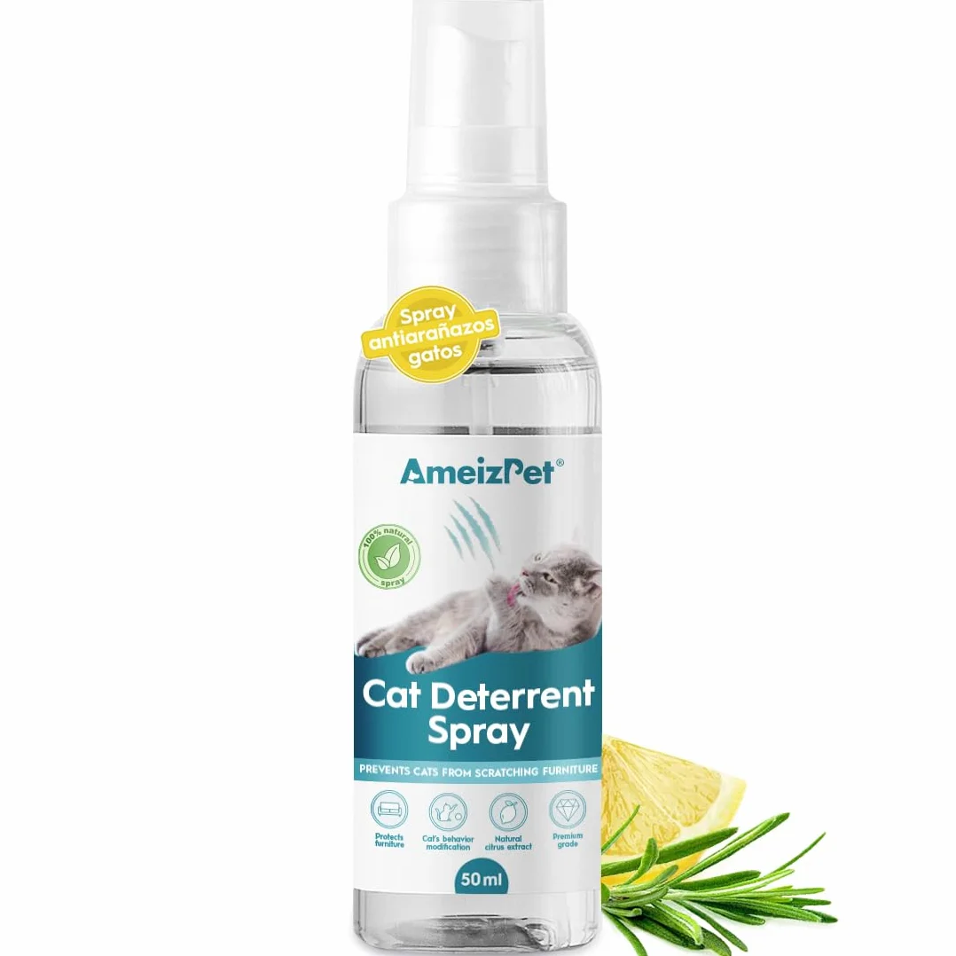 AmeizPet Spray Antiarañazos Gatos, Evita Que Los Gatos Arañen Muebles, Alfombras, Cortinas y Plantas, Ahuyentador de Gatos y Gatitos Exterior e Interior, 50 ml (1.69 Oz)