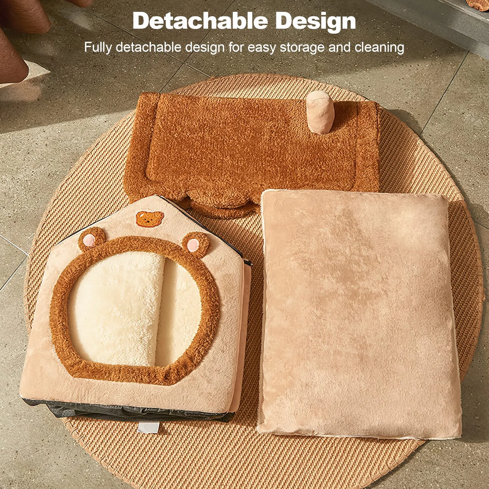 Cama de la cueva del gato, cama lavable para perro, casa cálida y acogedora, plegable cómoda casa para gatos para mascotas, cama para perros con cojín extraíble (L, marrón)