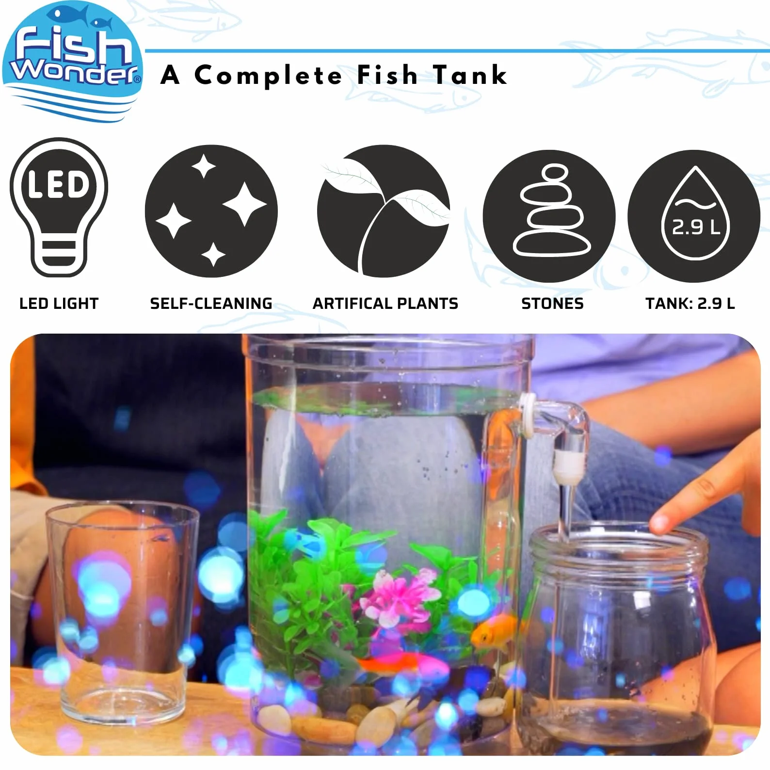 Fish Wonder Acuario Autolimpiador con Luz LED | Mini Acuario con Sistema de Limpieza Incorporado, Piedras y Plantas Decorativas | Agua Clara Siempre | Fácil Mantenimiento – Ideal para Niños y Hogar