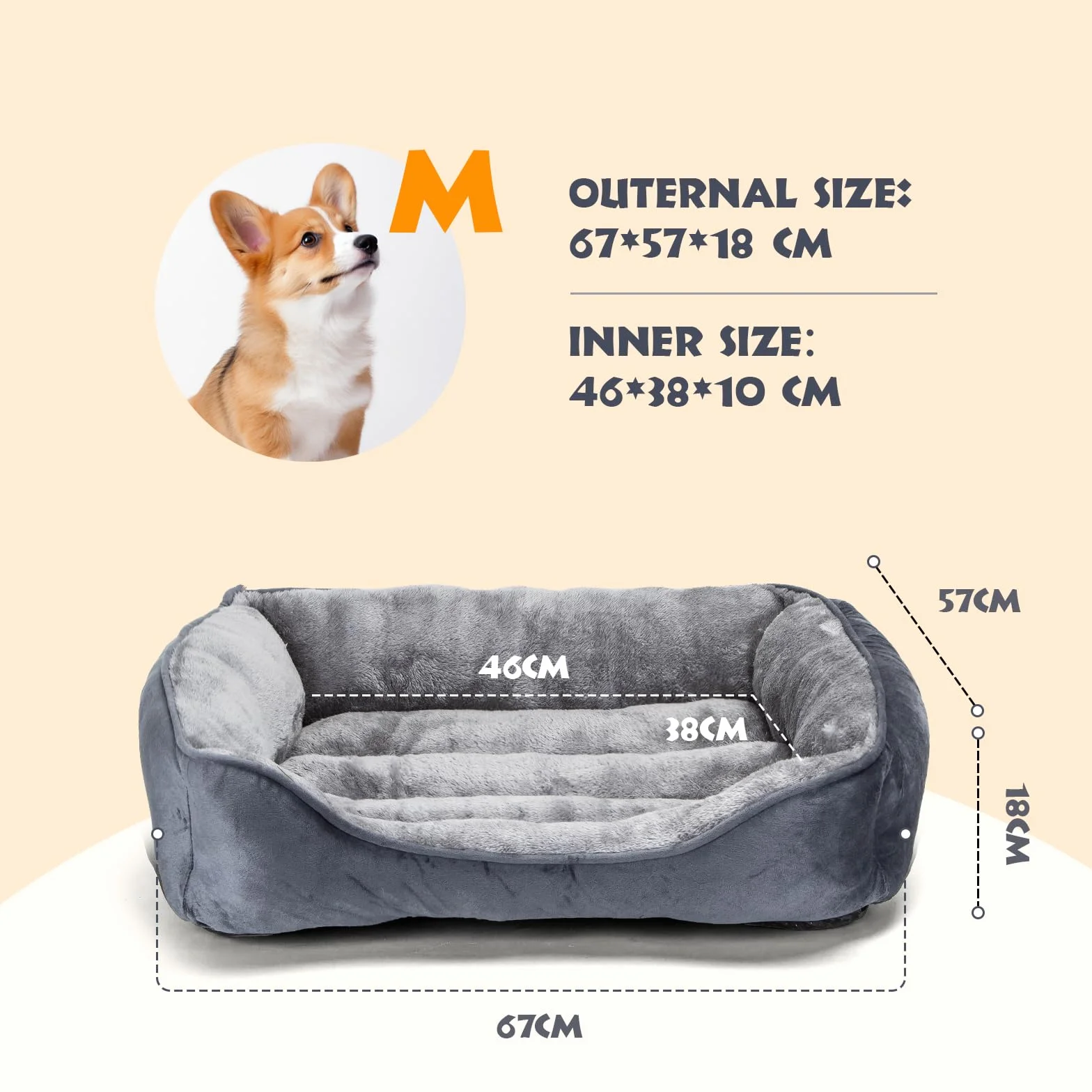 Nobleza Cama Perro Lavable, Cama para Perros Medianos Antideslizantes con Relleno de Fibras Super Suave, 67x57cm